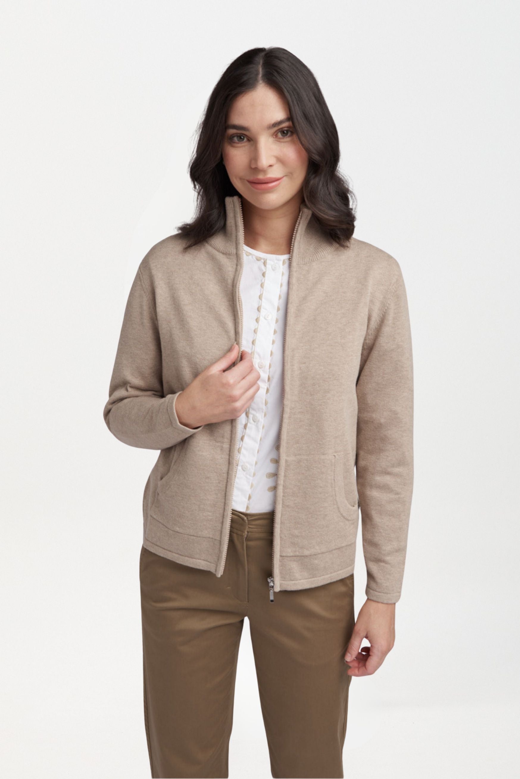 Zip Knit Cardigan - Oatmeal by Goondiwindi Cotton. Timeless women’s fashion using natural fibres and classic shapes