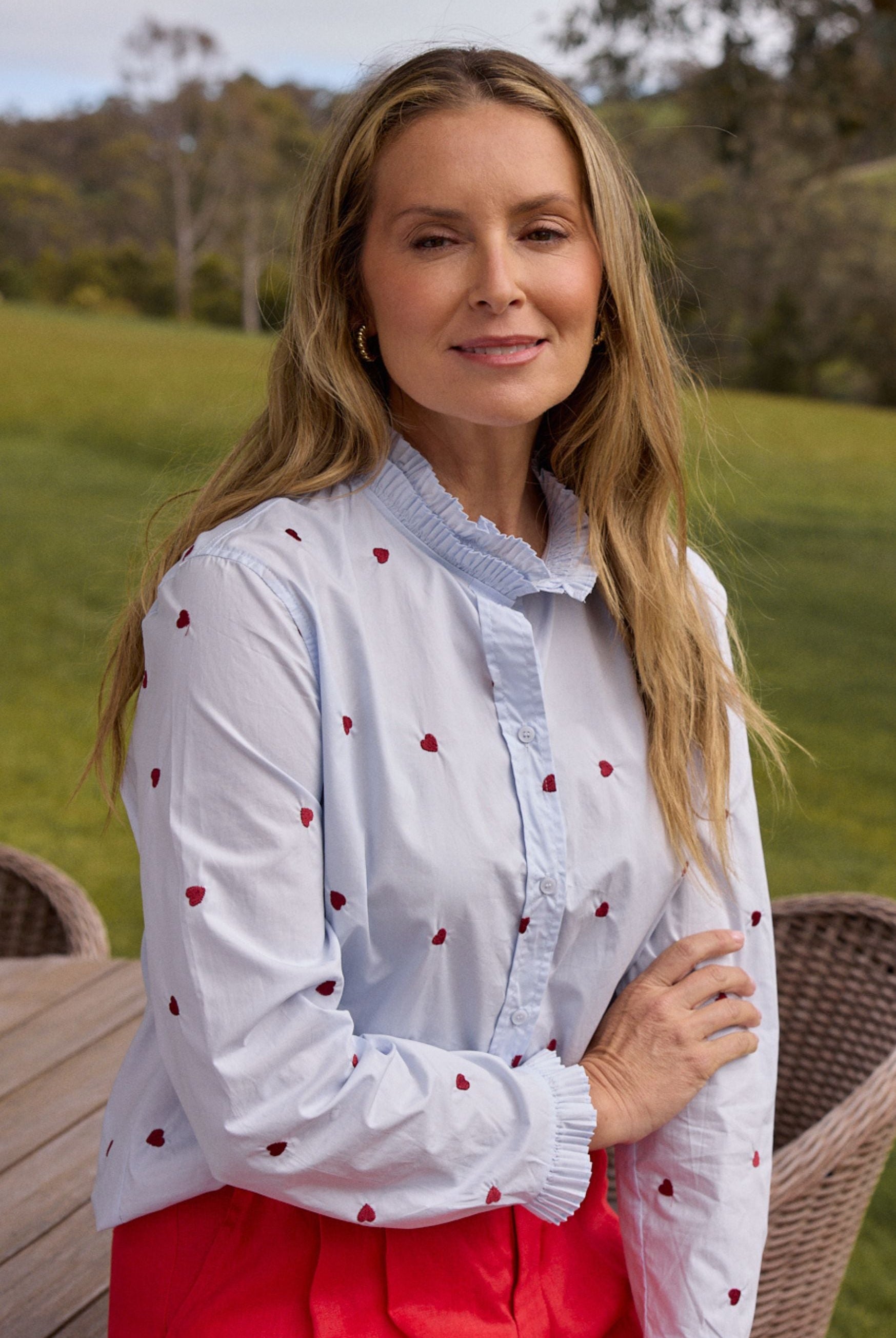 Out West Cotton Blouse - Blue/Red Hearts by Goondiwindi Cotton. Timeless women’s fashion using natural fibres and classic shapes