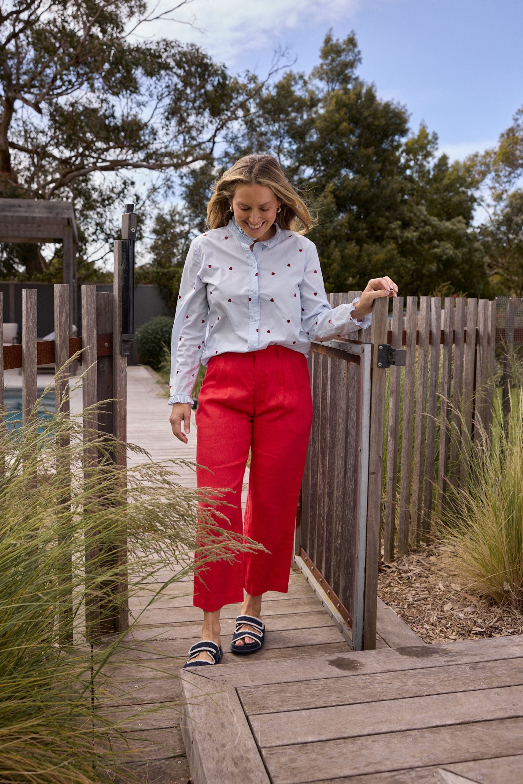 Staple Tailored Linen Pant - Poinsettia by Goondiwindi Cotton. Timeless women’s fashion using natural fibres and classic shapes