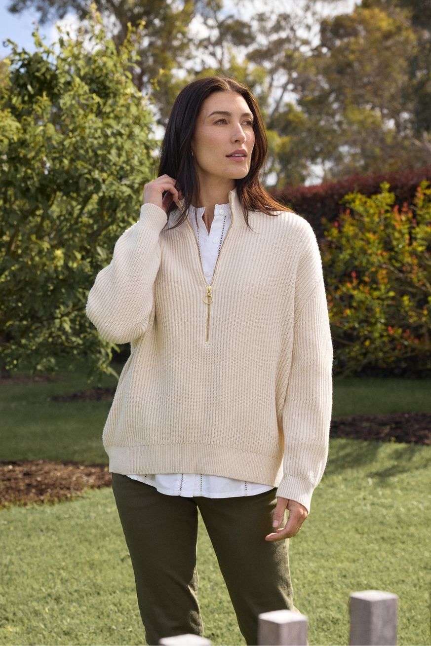 Goondiwindi Cotton Knitwear Jillaroo ½ Zip Merino Cotton Jumper - Whipped Cream