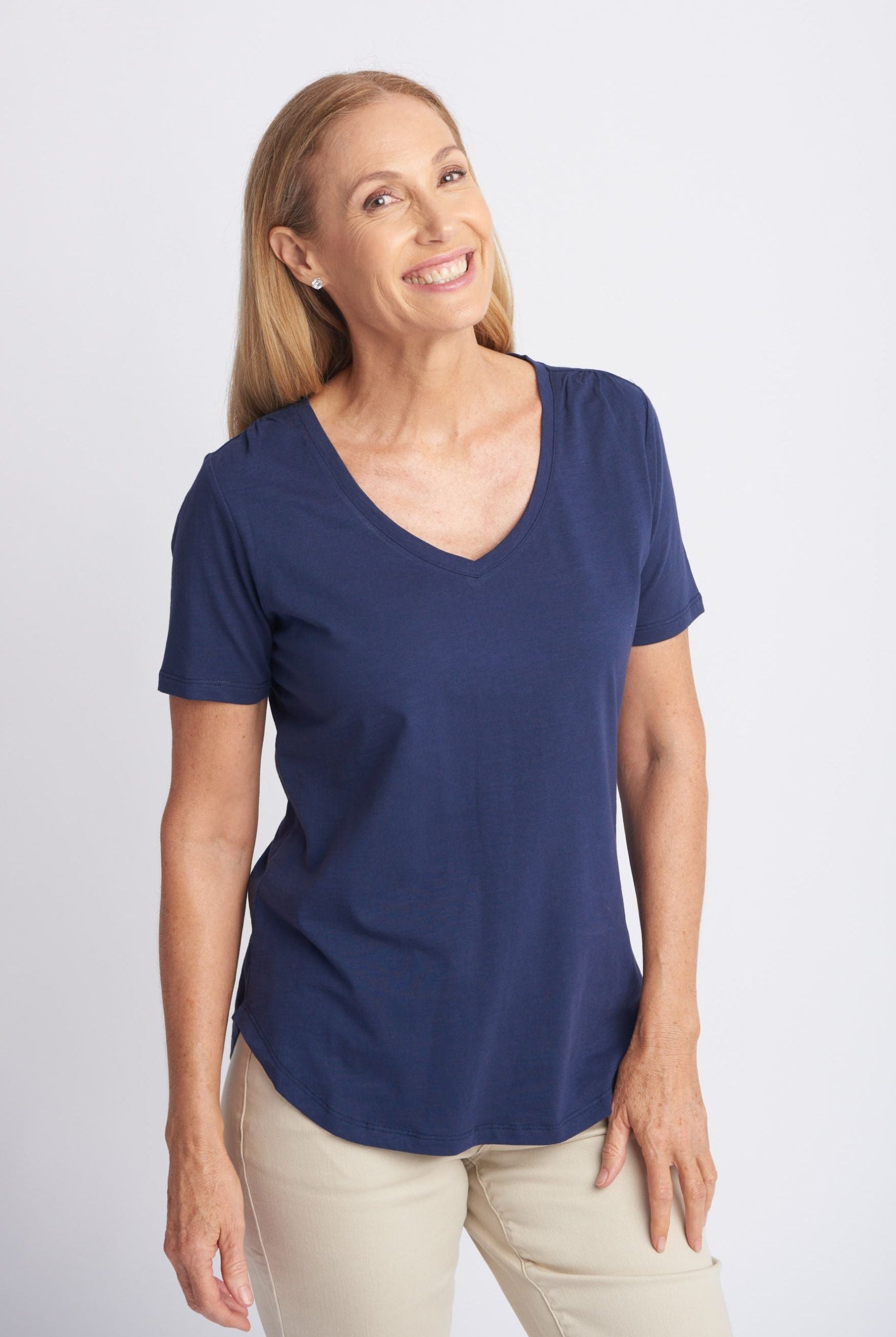 Cotton V Neck Tee - Navy by Goondiwindi Cotton. Timeless women’s fashion using natural fibres and classic shapes