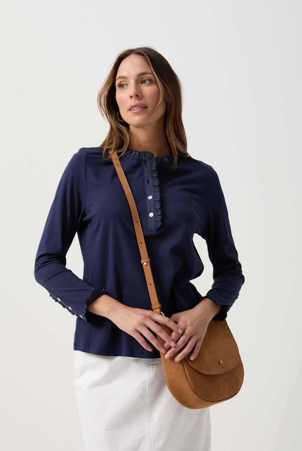 Goondiwindi Cotton Tees Frill Collar Long Sleeve Tee - Navy