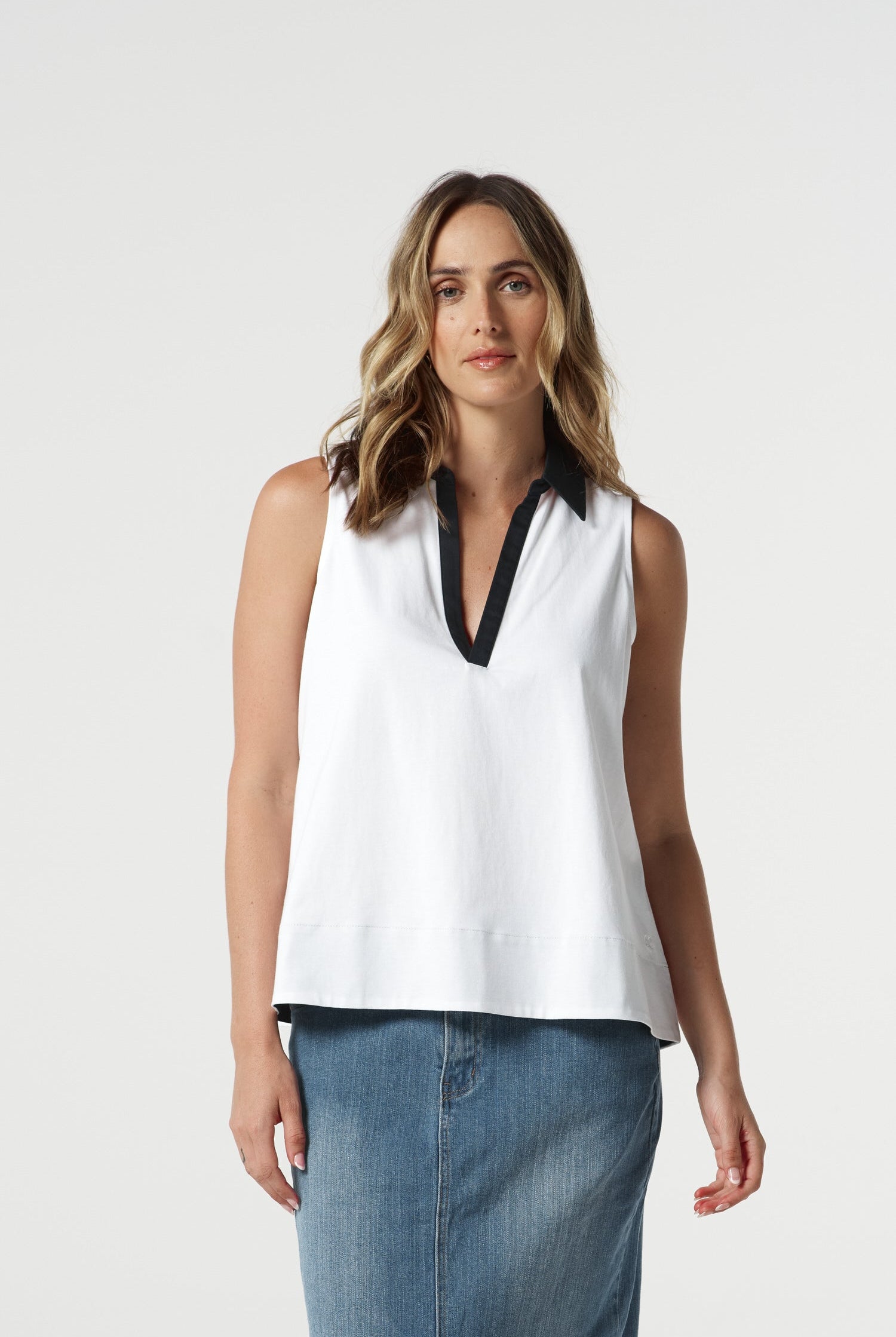 Goondiwindi Cotton Tees Reef Cotton Contrast Sleeveless Polo - White