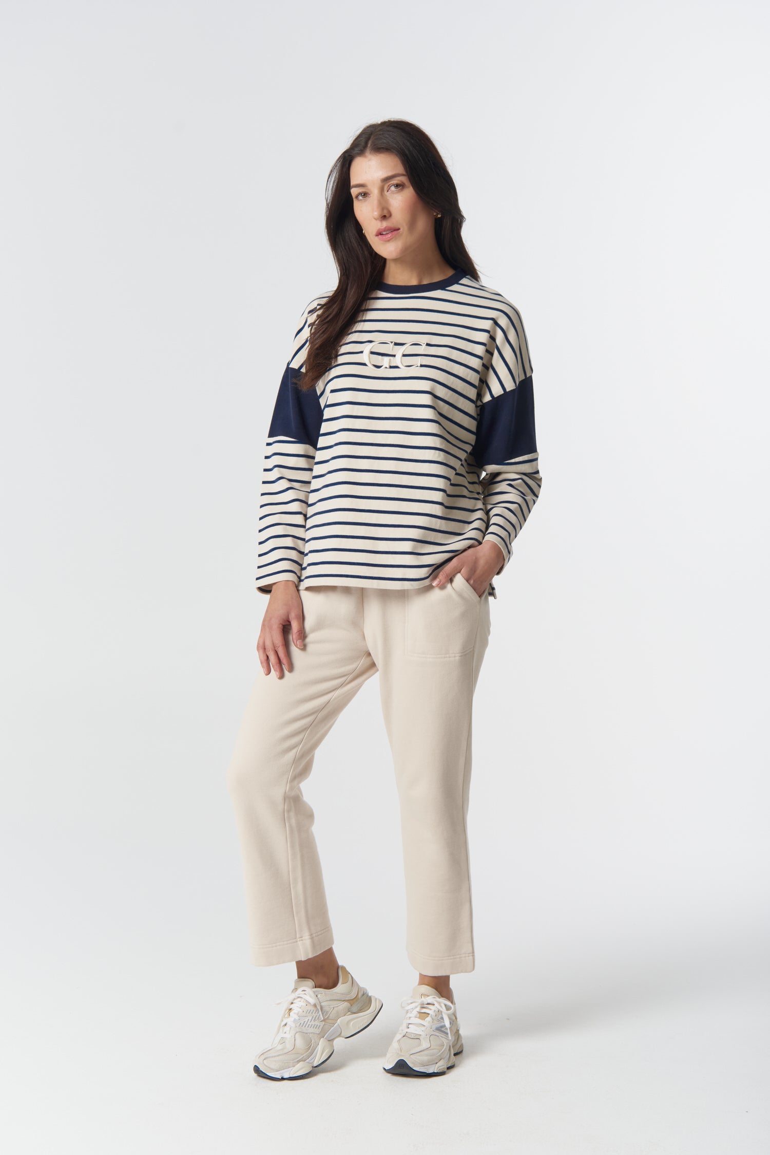 Goondiwindi Cotton Rugbys GC Logo Stripe Cotton Sweater - Birch/Dark Navy