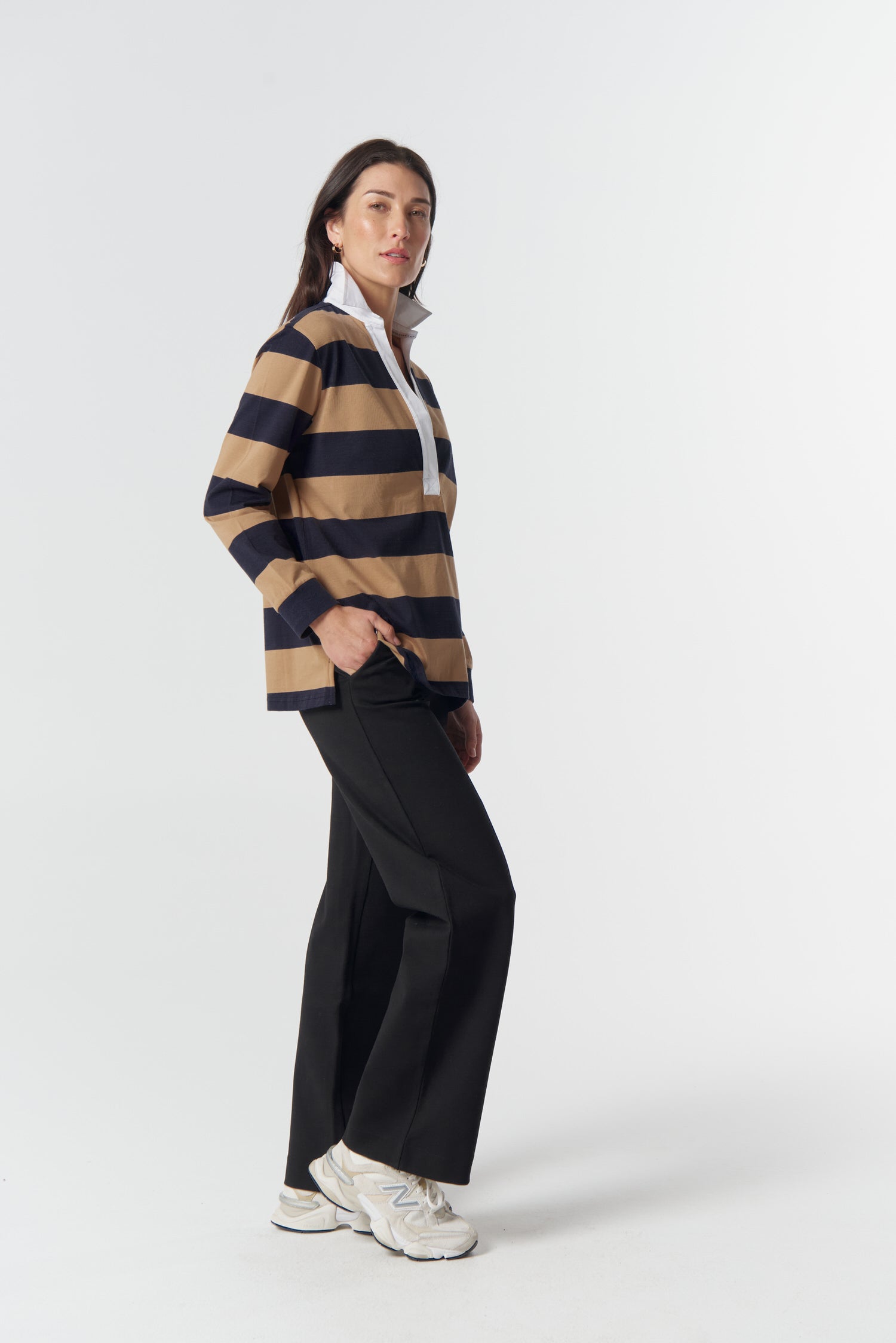 Overland Cotton Rugby Top - Iced Coffee/Navy by Goondiwindi Cotton. Timeless women’s fashion using natural fibres and classic shapes