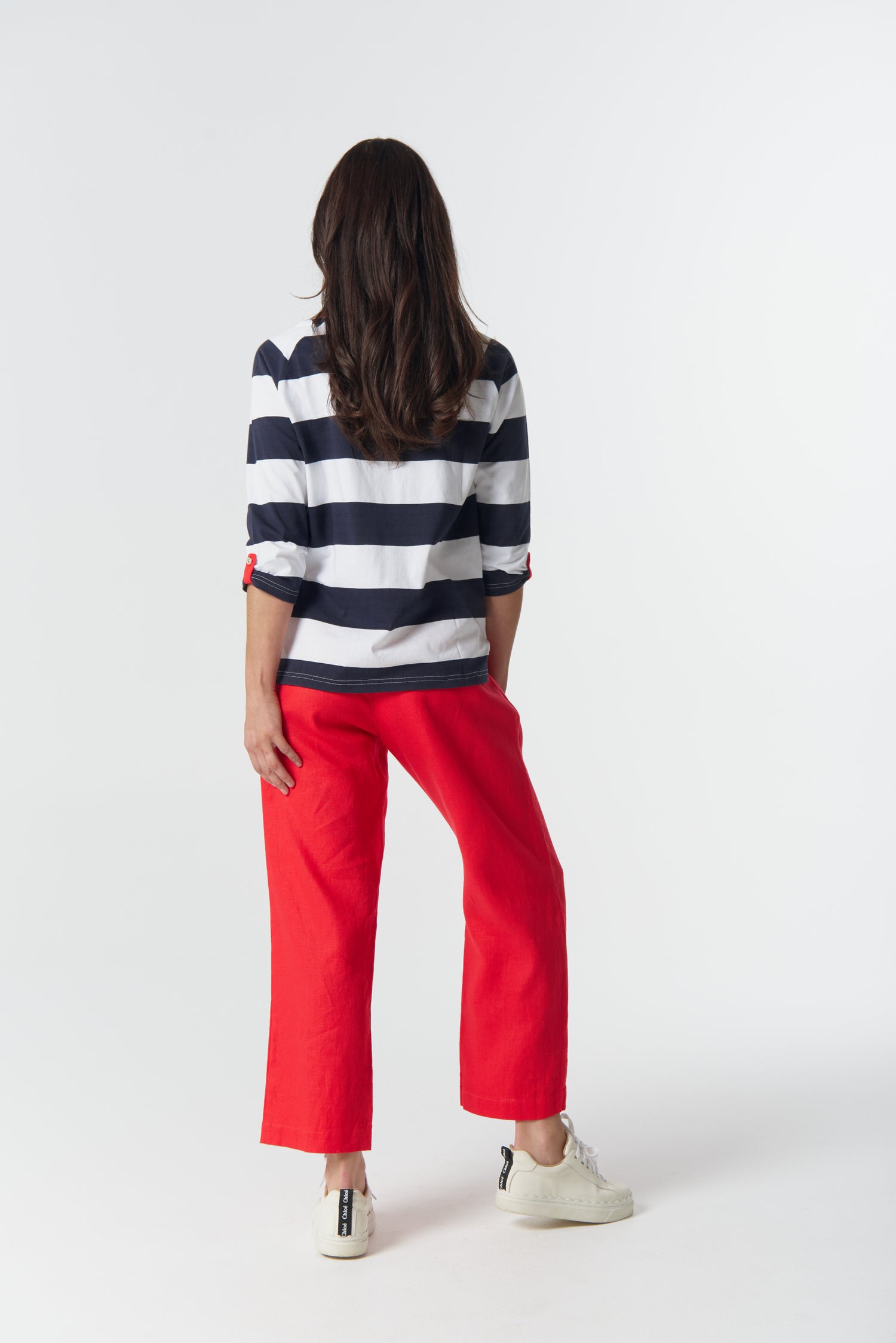 Track ¾ Sleeve Cotton Jersey Tee - Dark Navy/White by Goondiwindi Cotton. Timeless women’s fashion using natural fibres and classic shapes