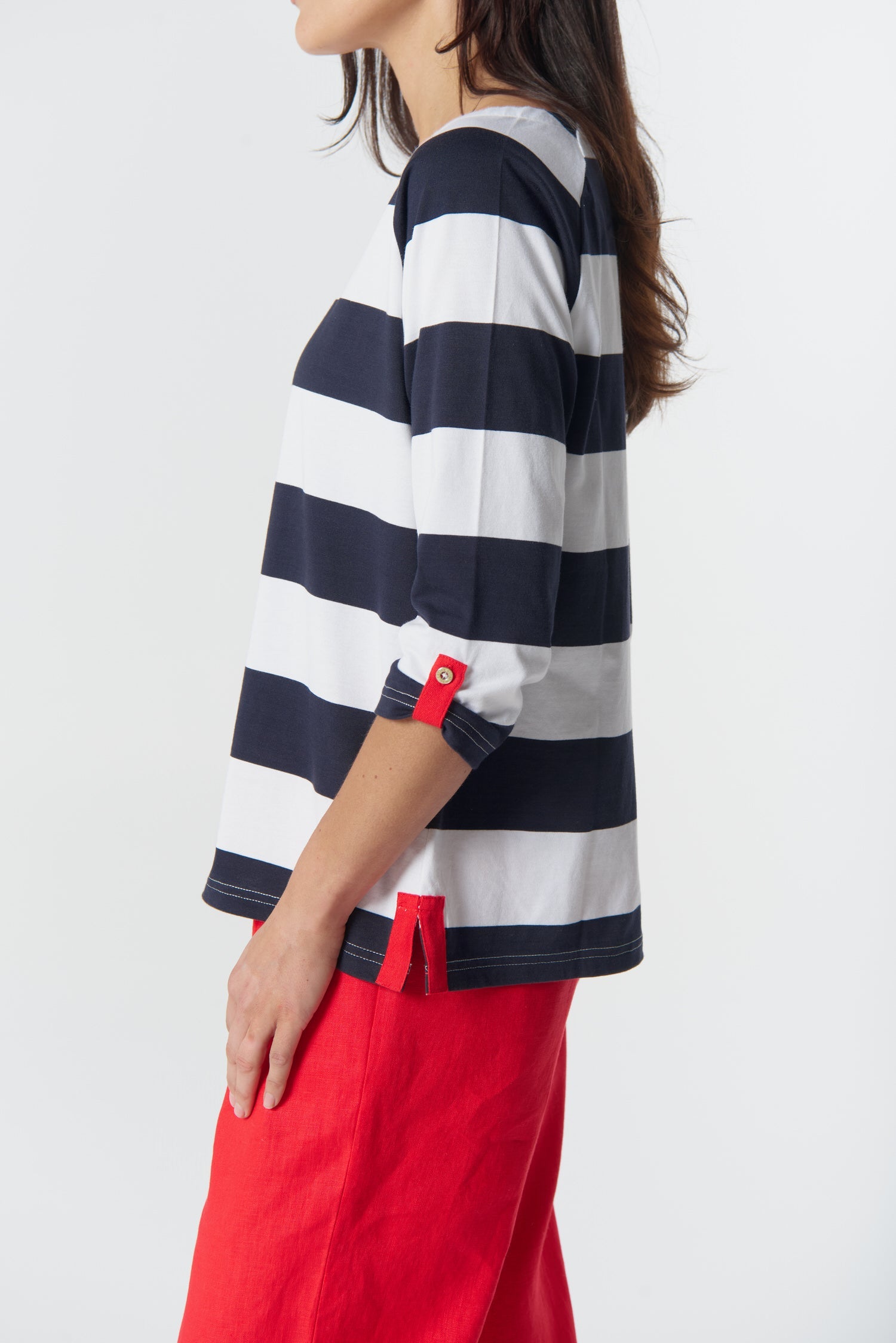 Track ¾ Sleeve Cotton Jersey Tee - Dark Navy/White by Goondiwindi Cotton. Timeless women’s fashion using natural fibres and classic shapes