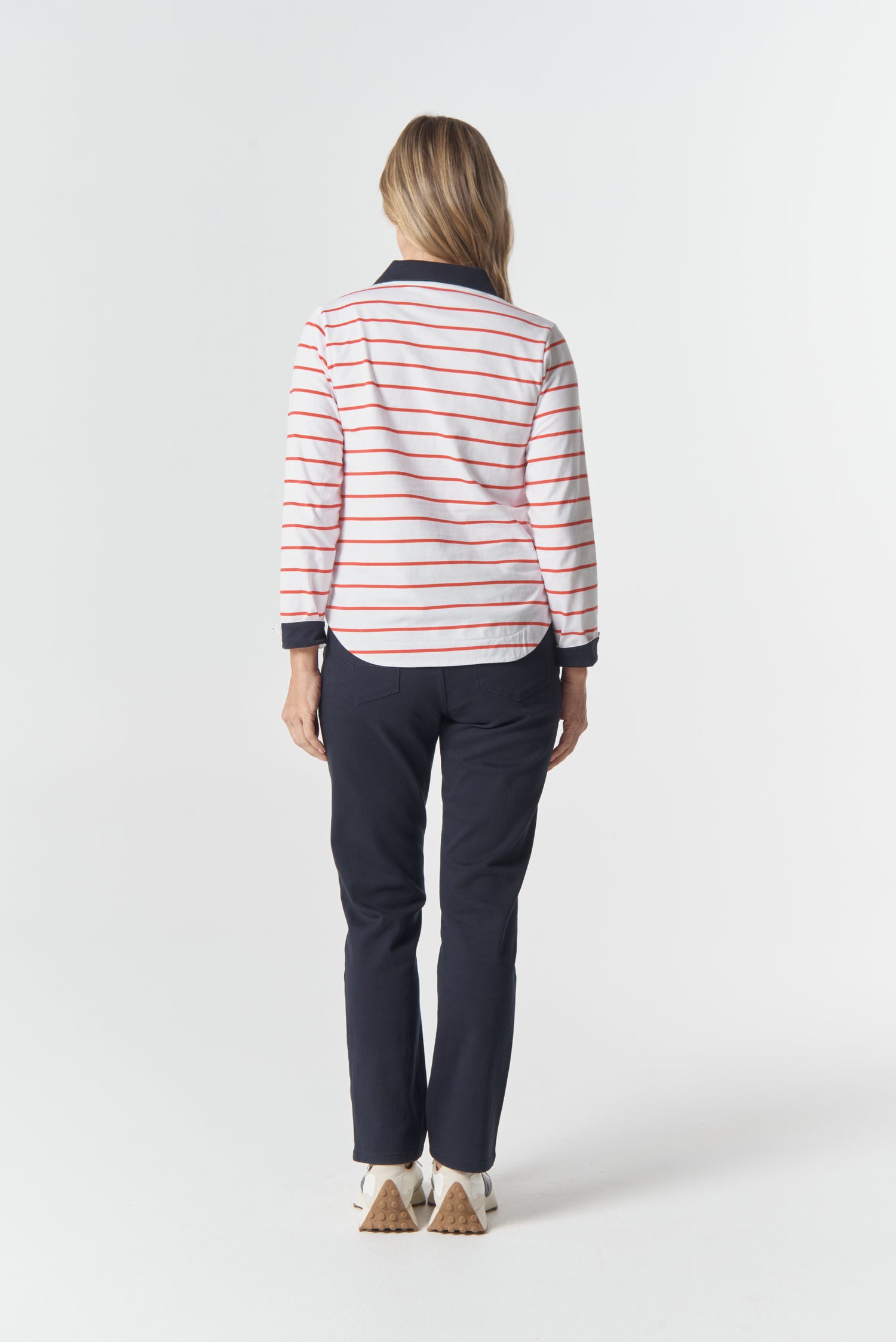 Travel Cotton Jersey Polo - White/Poinsettia by Goondiwindi Cotton. Timeless women’s fashion using natural fibres and classic shapes