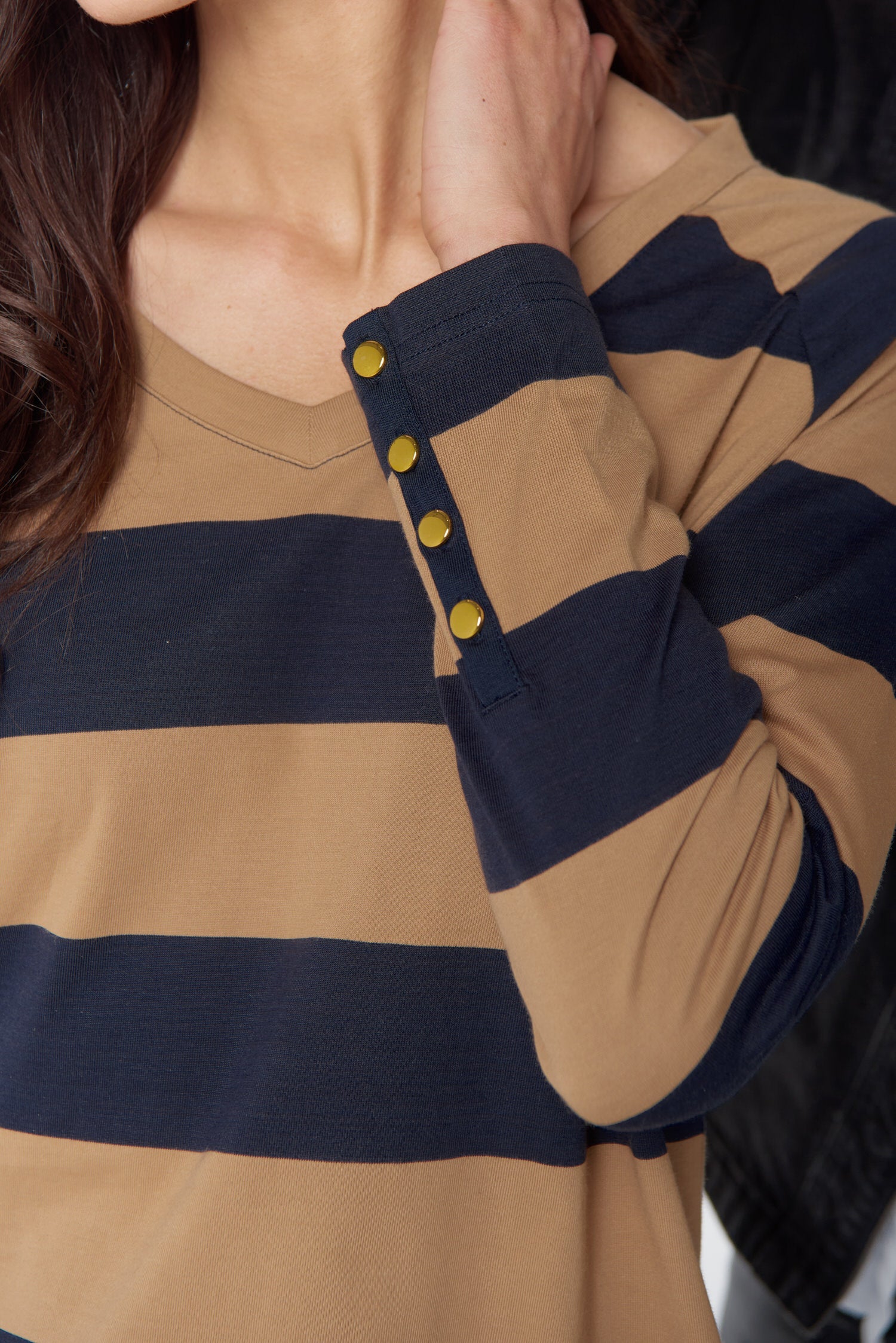 Travel V Neck Cotton Jersey Tee - Iced Coffee/Navy by Goondiwindi Cotton. Timeless women’s fashion using natural fibres and classic shapes