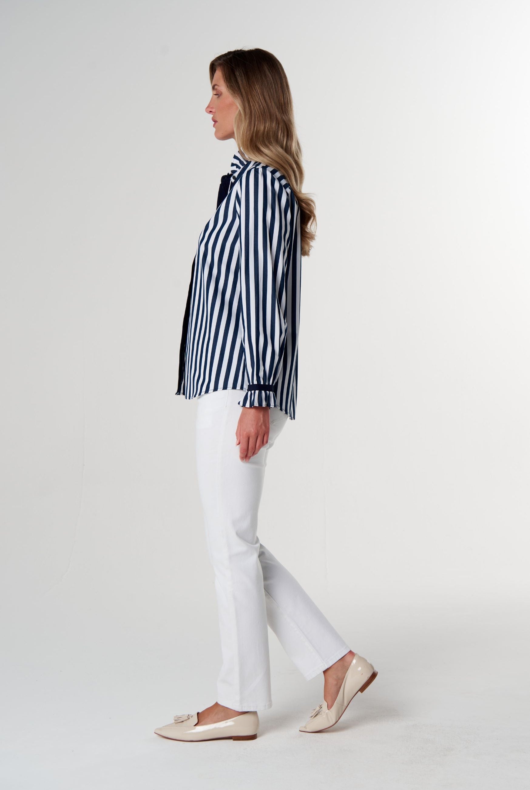 Sky Frill Neck Cotton Shirt - Dark Navy/White by Goondiwindi Cotton. Timeless women’s fashion using natural fibres and classic shapes