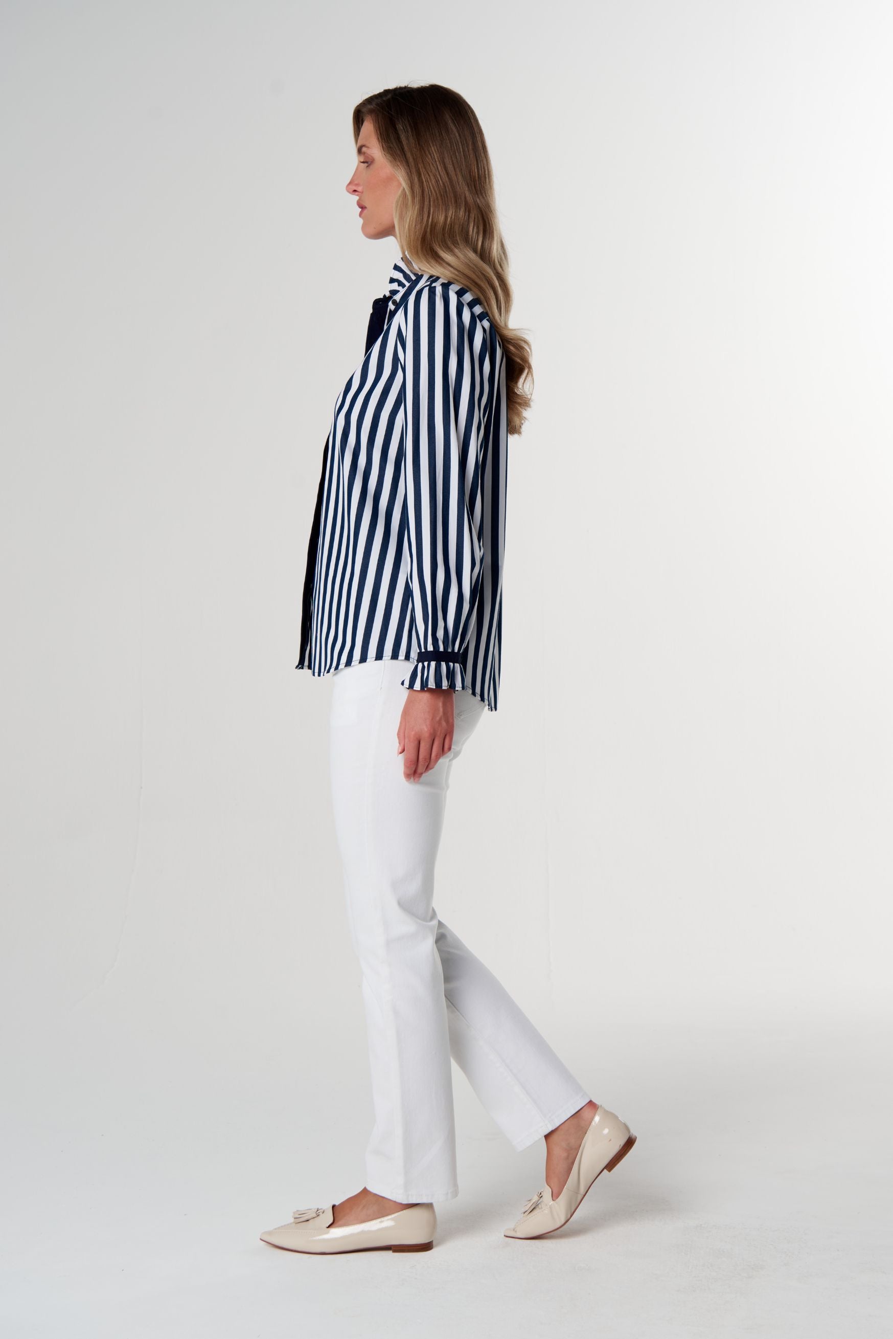 Sky Frill Neck Cotton Shirt - Dark Navy/White by Goondiwindi Cotton. Timeless women’s fashion using natural fibres and classic shapes