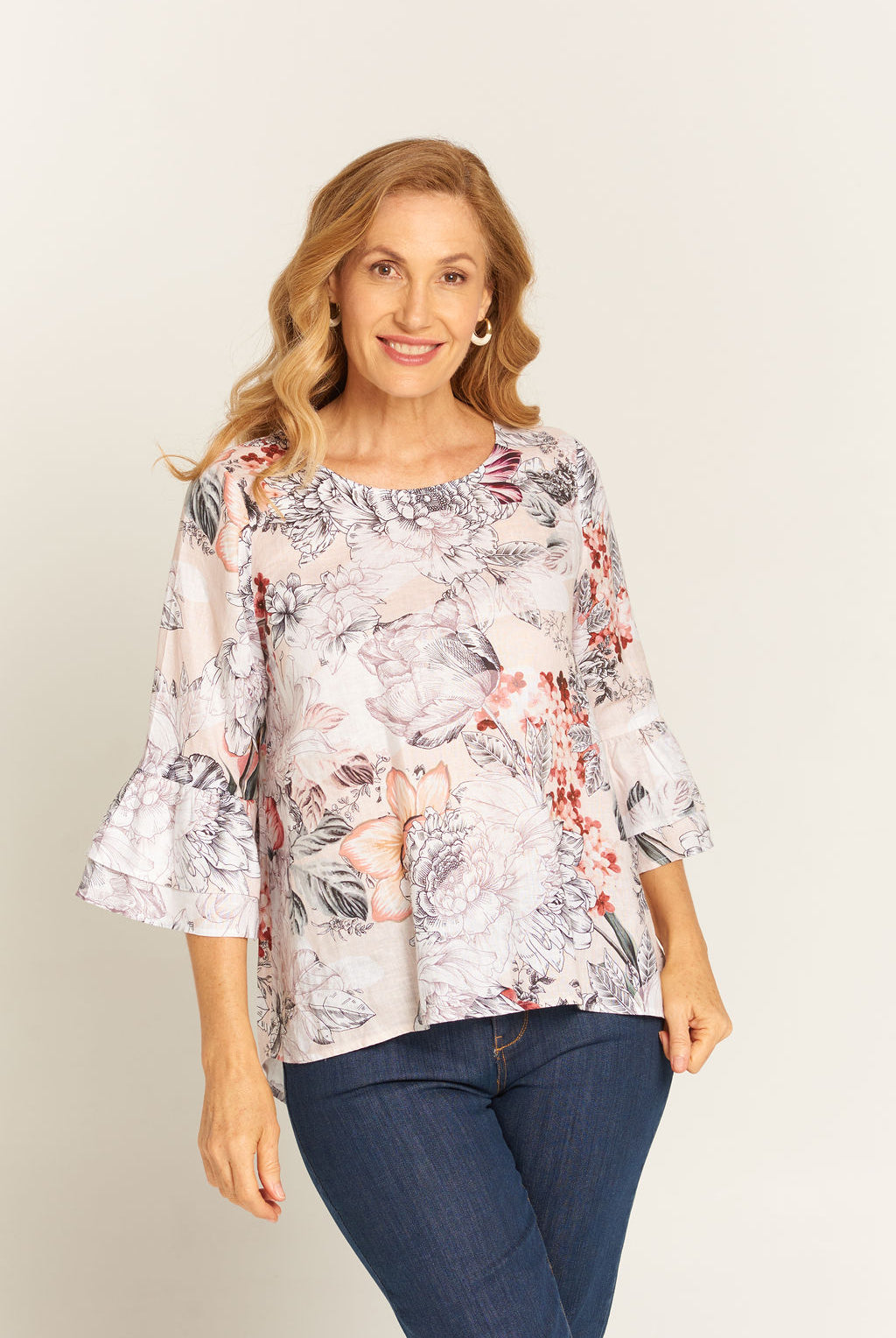 Goondiwindi Cotton Blouses Linen Ruffle Sleeve Blouse Botanical Print