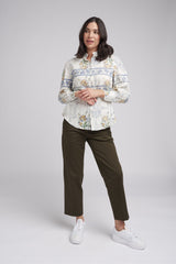 Full Sleeve Country Lily Print Linen Shirt With Frill Collar