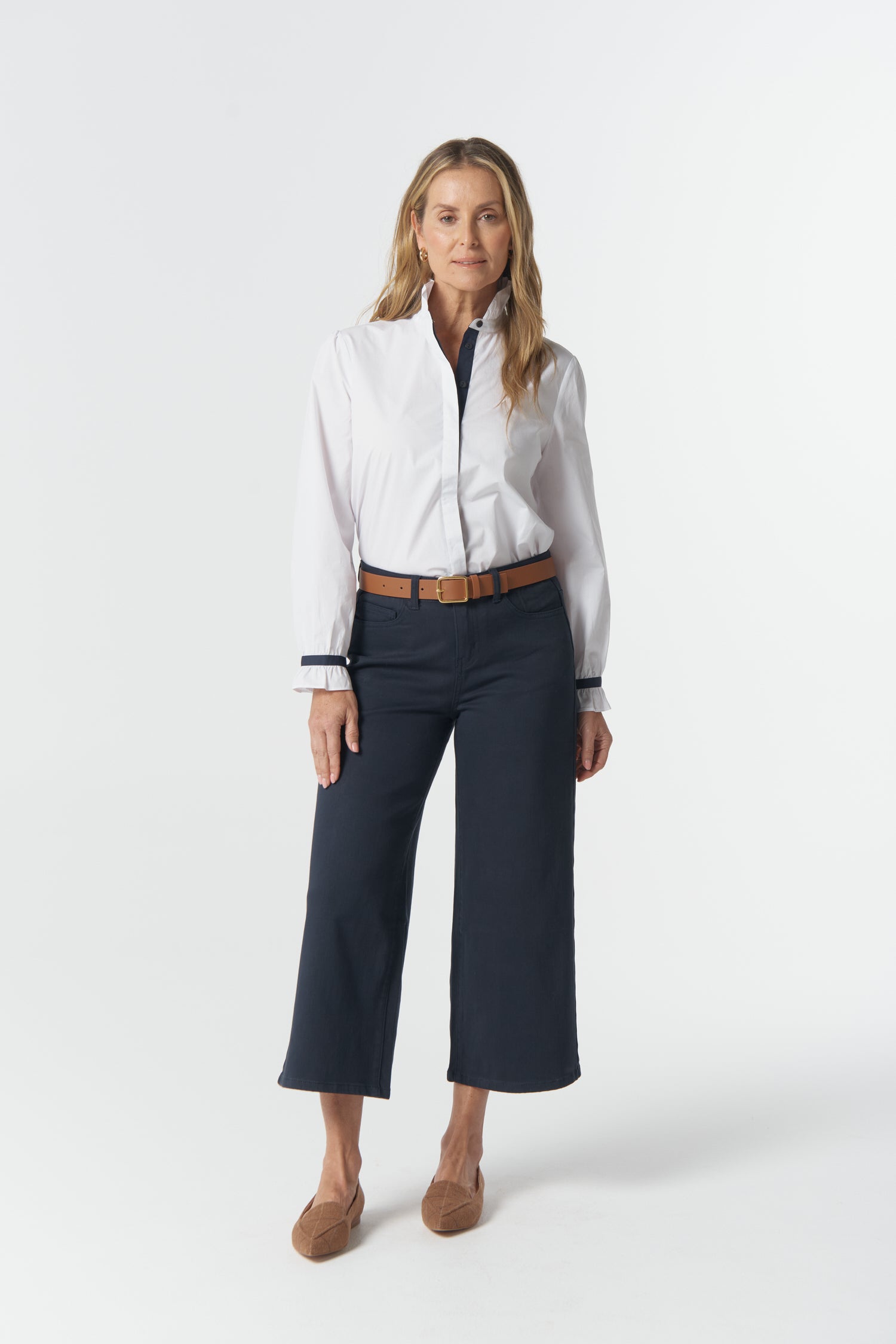 Sky Frill Neck Cotton Shirt - White by Goondiwindi Cotton. Timeless women’s fashion using natural fibres and classic shapes