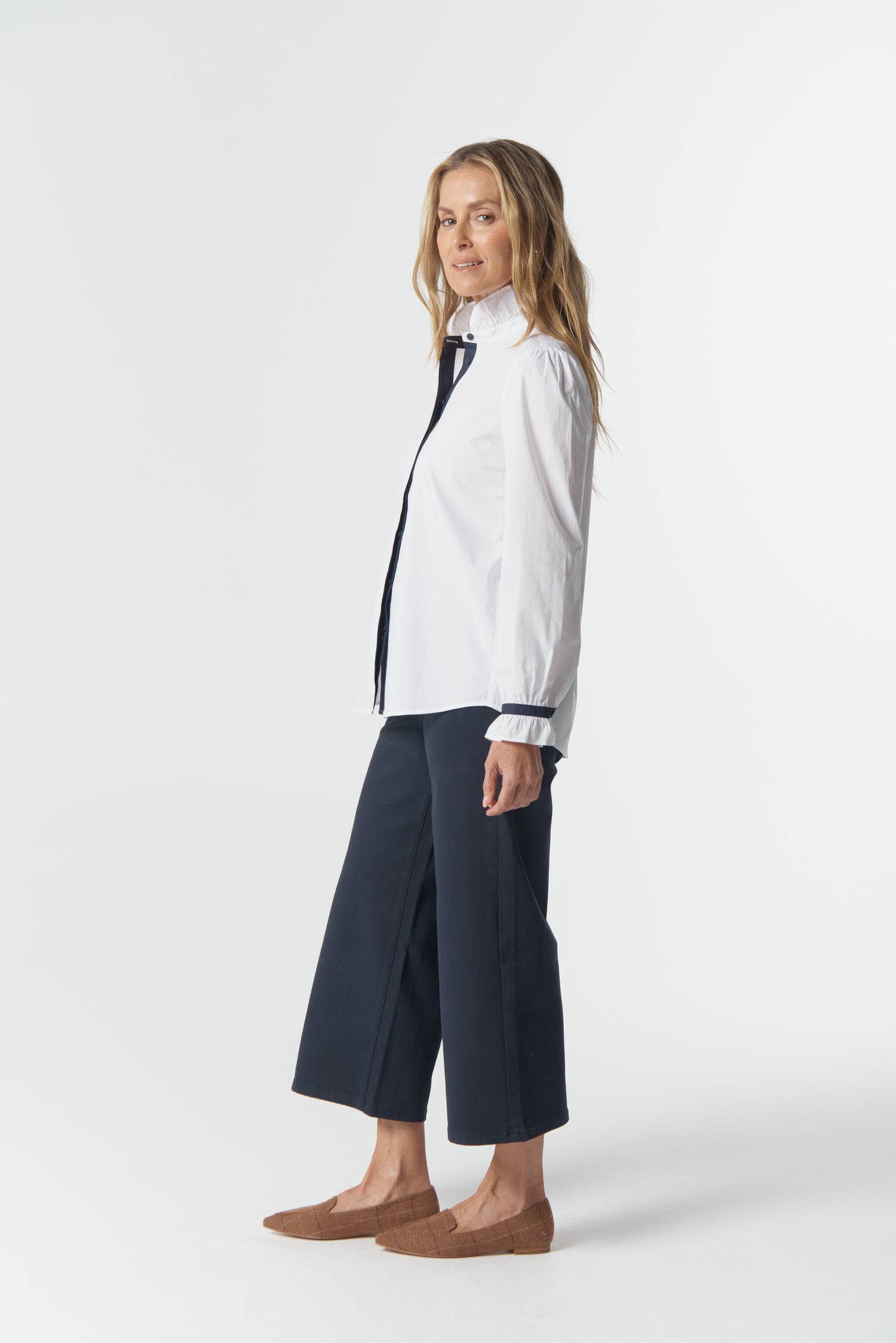 Sky Frill Neck Cotton Shirt - White by Goondiwindi Cotton. Timeless women’s fashion using natural fibres and classic shapes