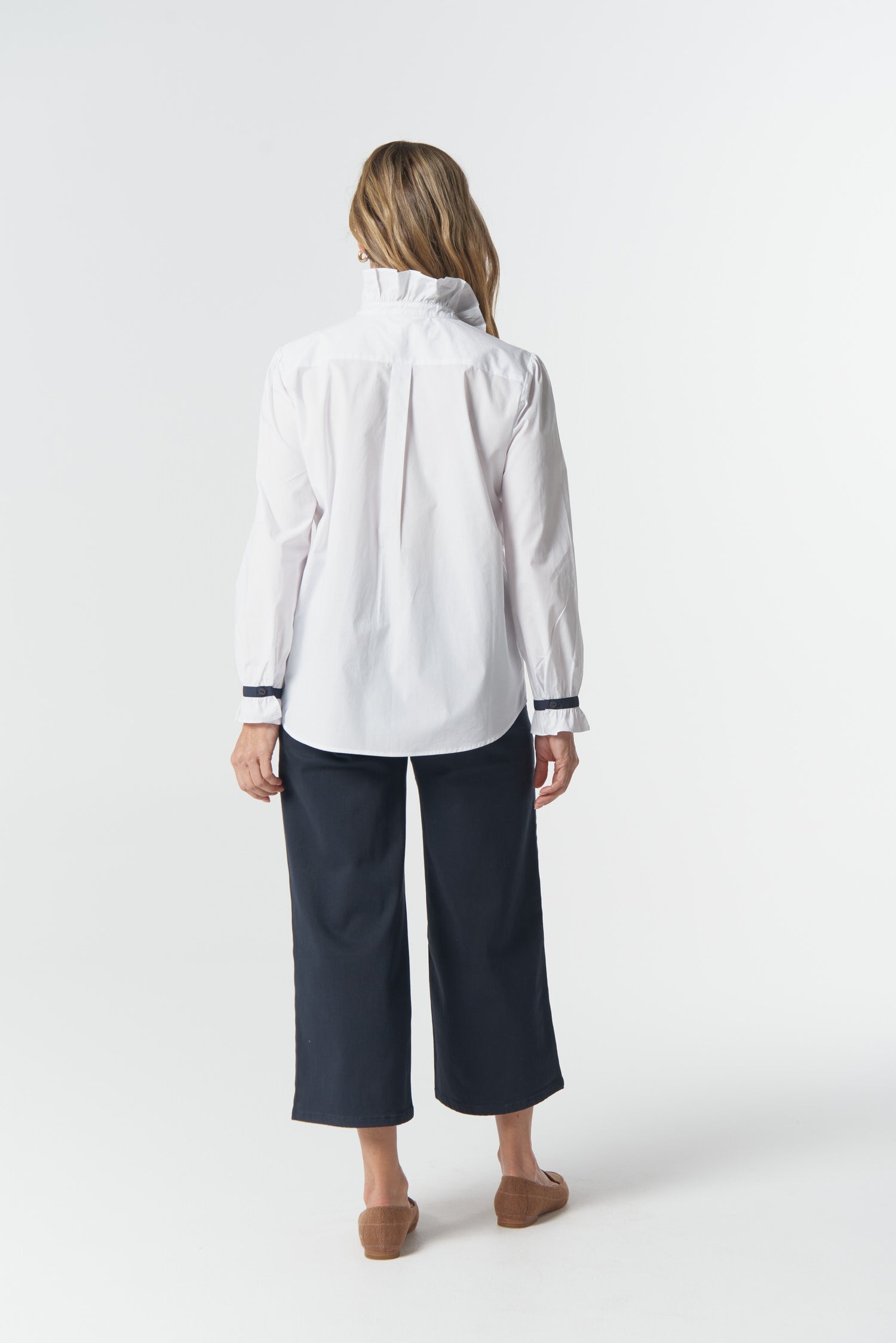 Sky Frill Neck Cotton Shirt - White by Goondiwindi Cotton. Timeless women’s fashion using natural fibres and classic shapes