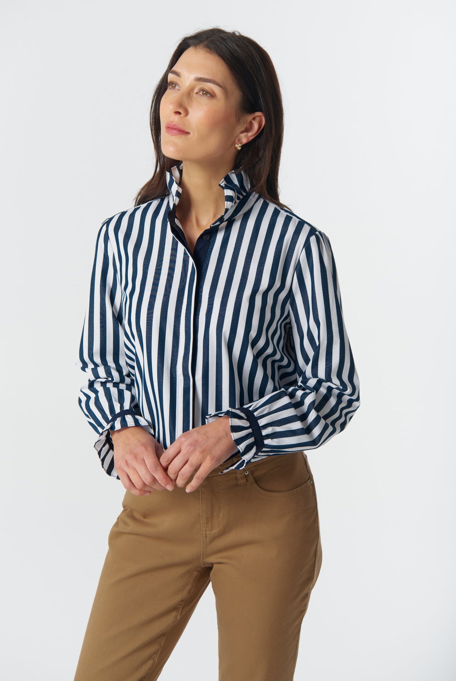 Sky Frill Neck Cotton Shirt - Dark Navy/White by Goondiwindi Cotton. Timeless women’s fashion using natural fibres and classic shapes