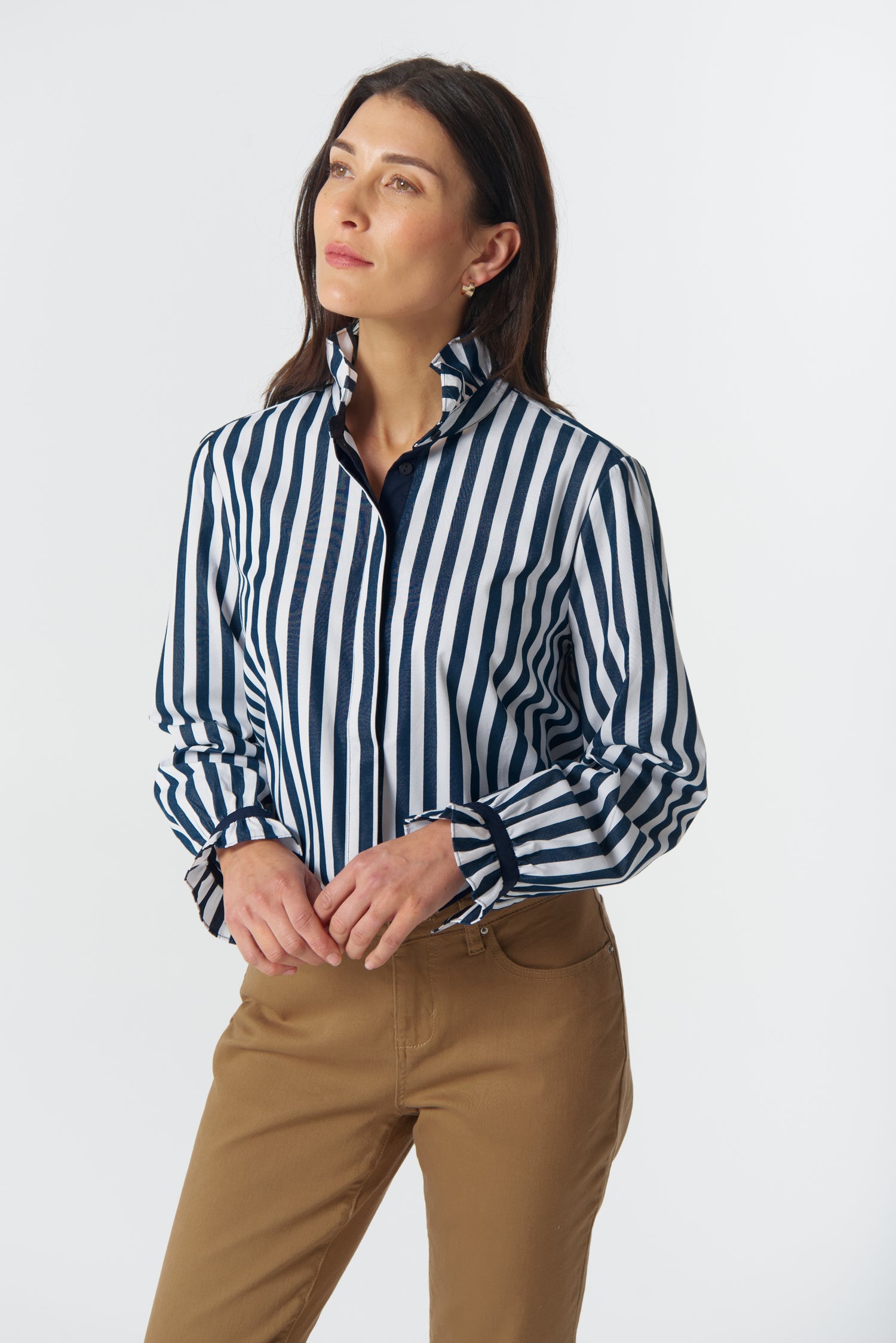 Sky Frill Neck Cotton Shirt - Dark Navy/White by Goondiwindi Cotton. Timeless women’s fashion using natural fibres and classic shapes