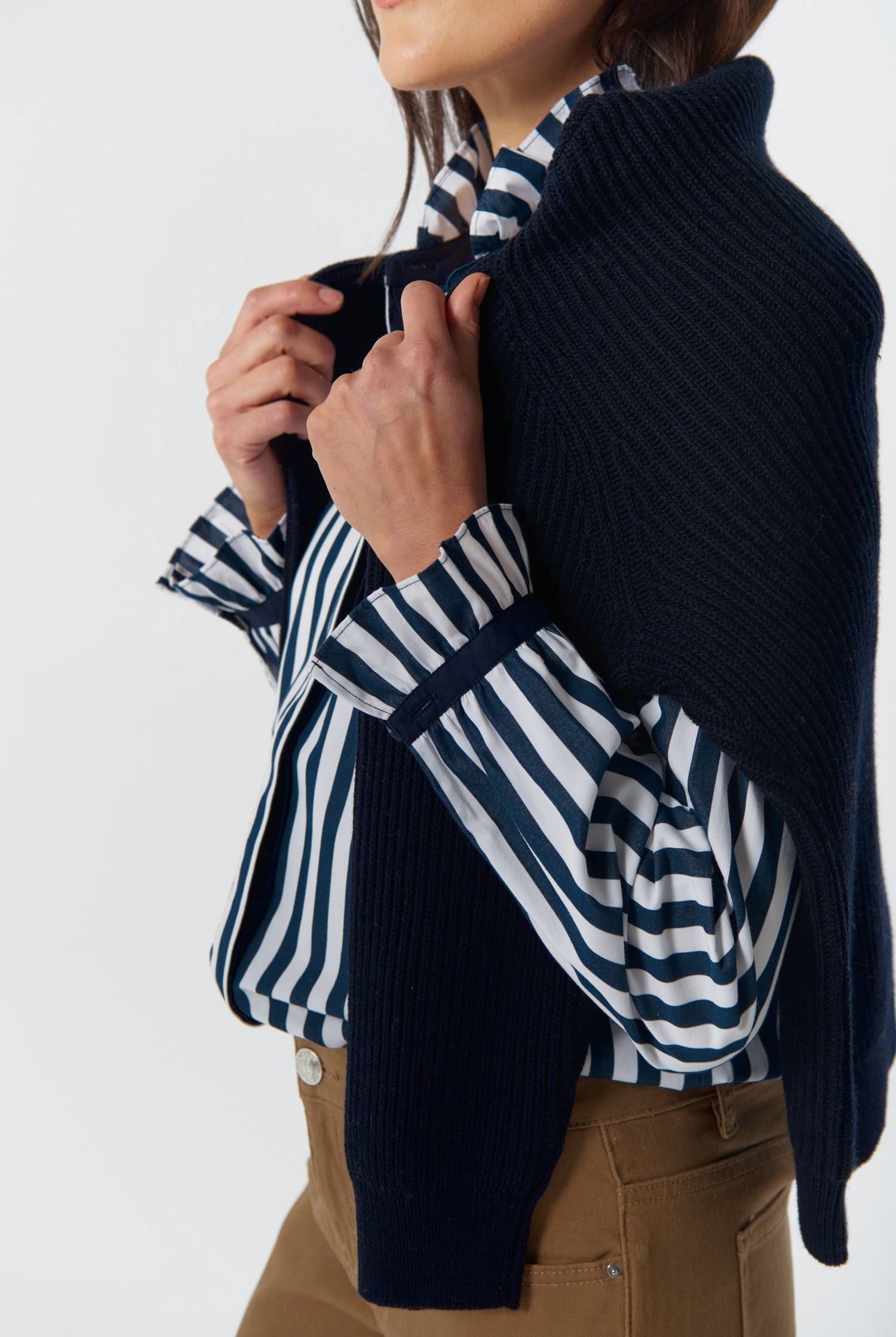 Sky Frill Neck Cotton Shirt - Dark Navy/White by Goondiwindi Cotton. Timeless women’s fashion using natural fibres and classic shapes