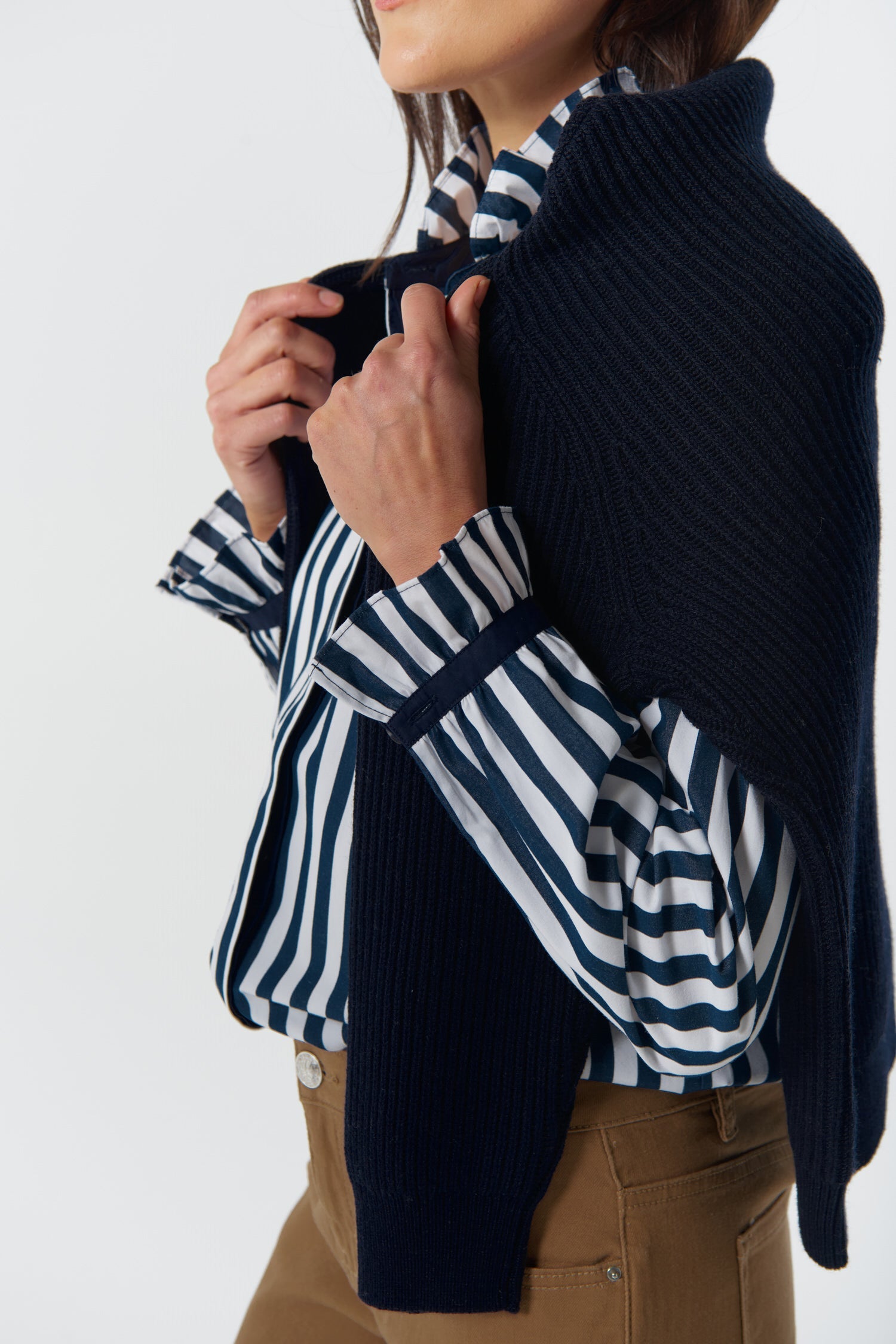 Sky Frill Neck Cotton Shirt - Dark Navy/White by Goondiwindi Cotton. Timeless women’s fashion using natural fibres and classic shapes