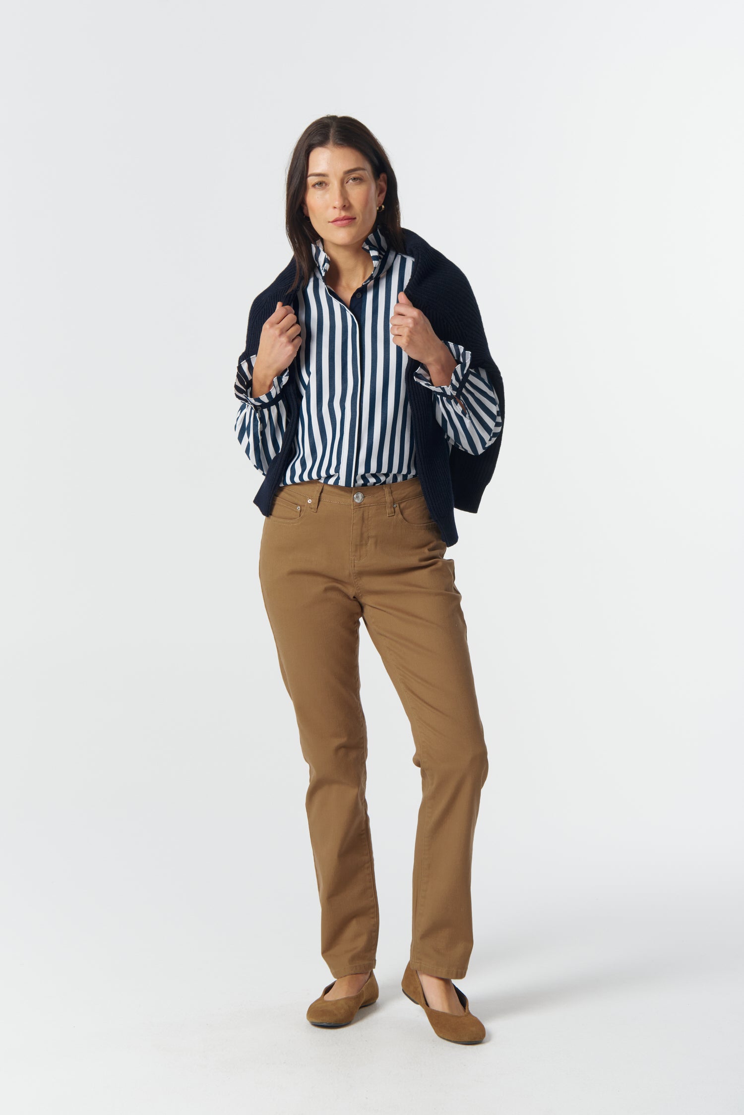 Sky Frill Neck Cotton Shirt - Dark Navy/White by Goondiwindi Cotton. Timeless women’s fashion using natural fibres and classic shapes