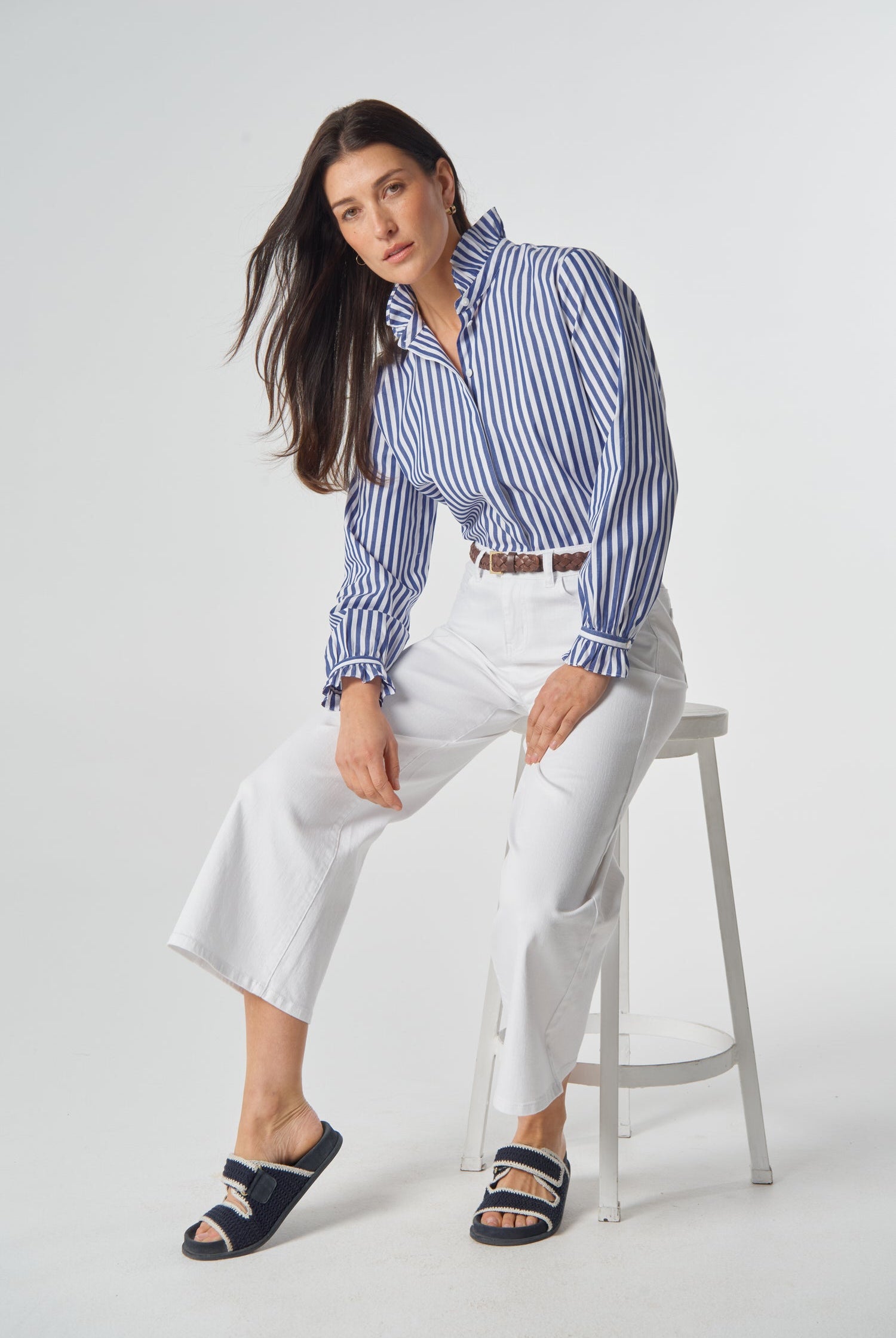 Frill Neck Cotton Poplin Shirt - Blue Jasper/White by Goondiwindi Cotton. Timeless women’s fashion using natural fibres and classic shapes