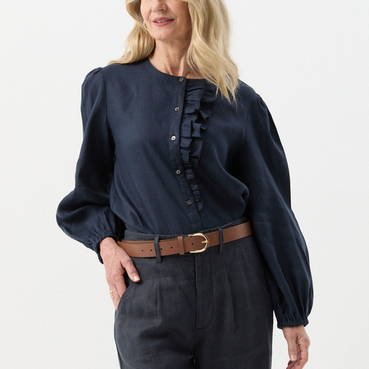 Linen Relaxed Frill Blouse - Navy – Goondiwindi Cotton