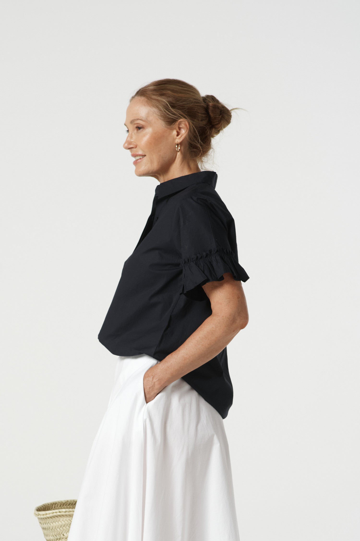 Dune Cotton Ruffle Sleeve Shirt - Dark Navy by Goondiwindi Cotton. Timeless women’s fashion using natural fibres and classic shapes
