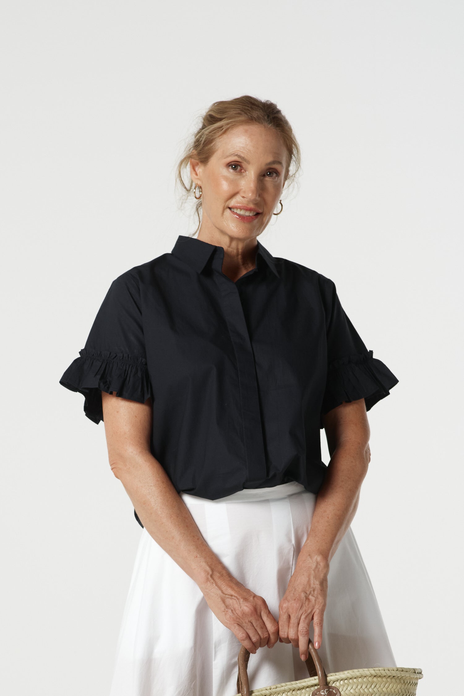 Dune Cotton Ruffle Sleeve Shirt - Dark Navy by Goondiwindi Cotton. Timeless women’s fashion using natural fibres and classic shapes