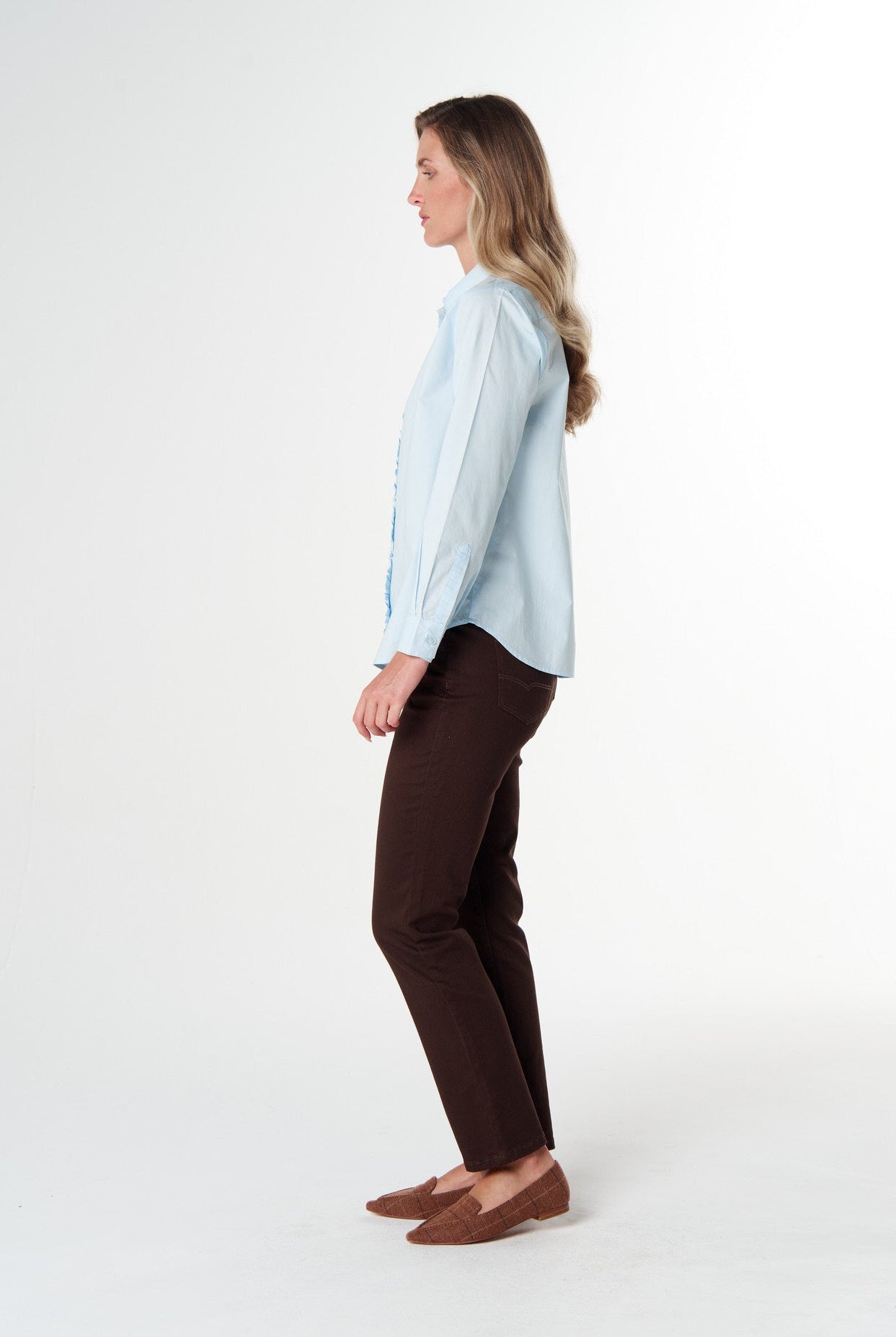 Goondiwindi Cotton Blouses Pearl Ruffle Cotton Shirt - Skyride Blue