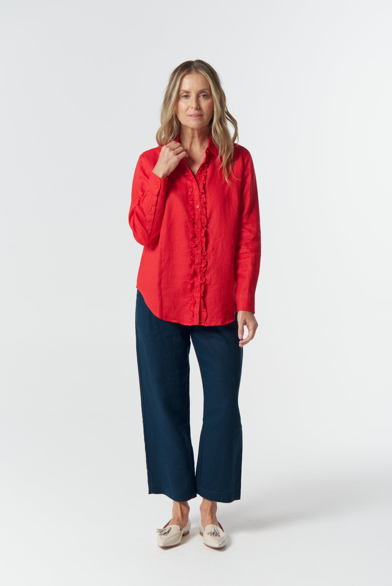 Pearl Ruffle Linen Shirt - Poinsettia by Goondiwindi Cotton. Timeless women’s fashion using natural fibres and classic shapes