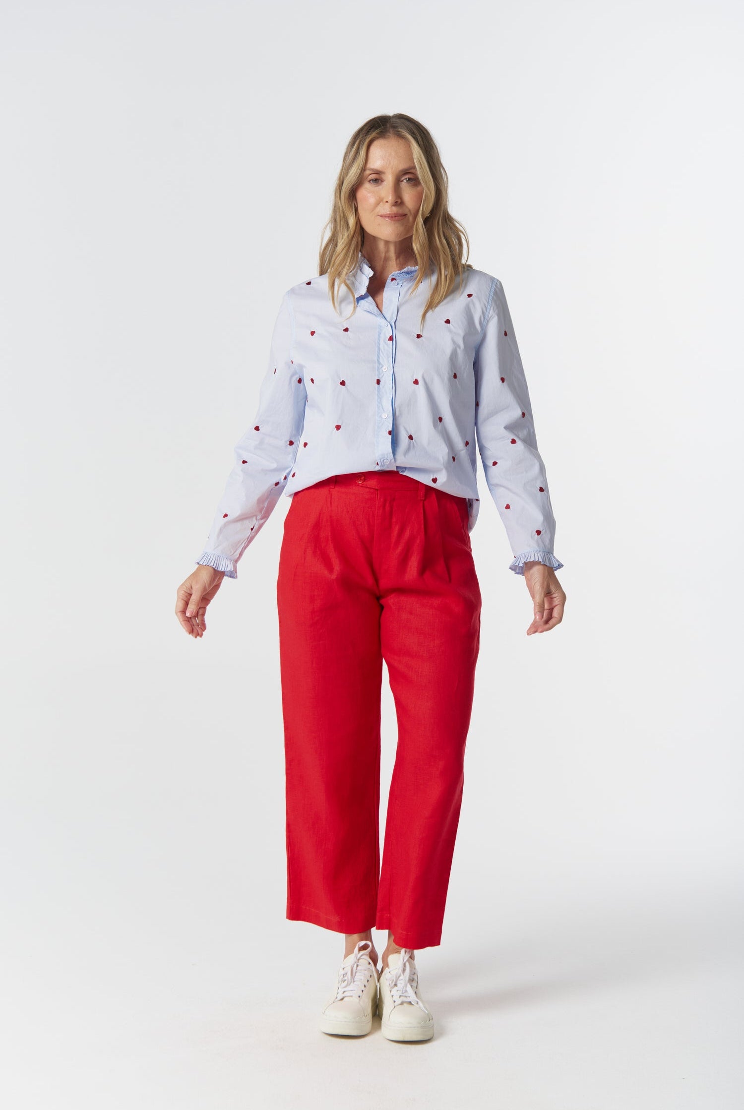 Out West Cotton Blouse - Blue/Red Hearts by Goondiwindi Cotton. Timeless women’s fashion using natural fibres and classic shapes