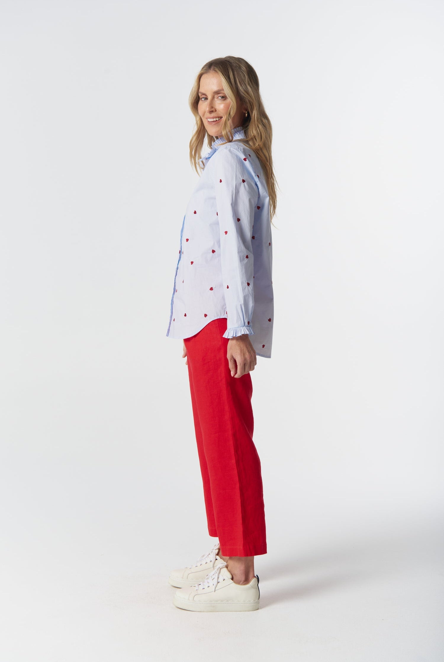 Out West Cotton Blouse - Blue/Red Hearts by Goondiwindi Cotton. Timeless women’s fashion using natural fibres and classic shapes