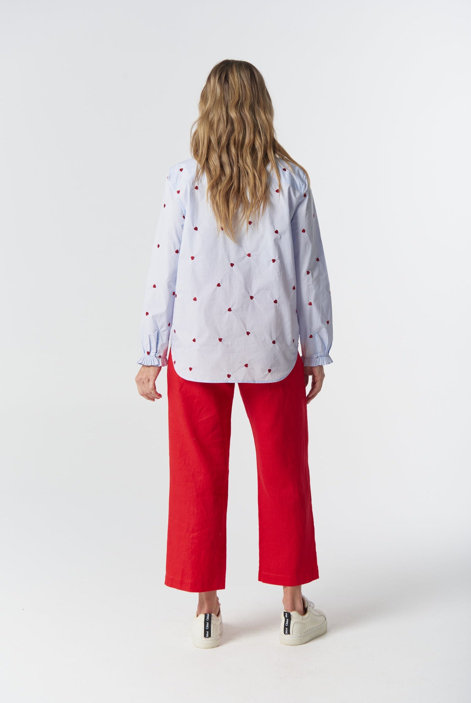 Out West Cotton Blouse - Blue/Red Hearts by Goondiwindi Cotton. Timeless women’s fashion using natural fibres and classic shapes