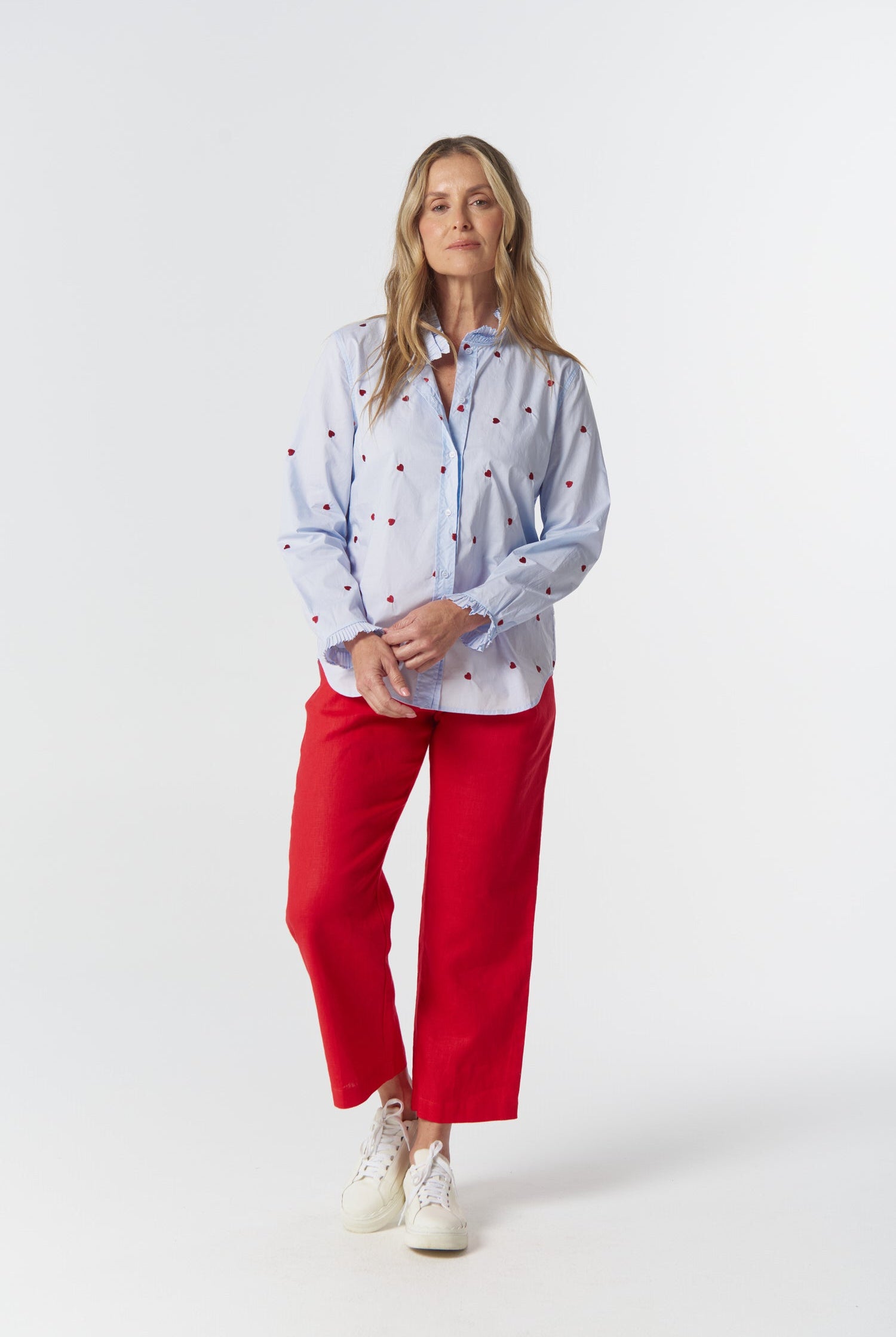 Out West Cotton Blouse - Blue/Red Hearts by Goondiwindi Cotton. Timeless women’s fashion using natural fibres and classic shapes