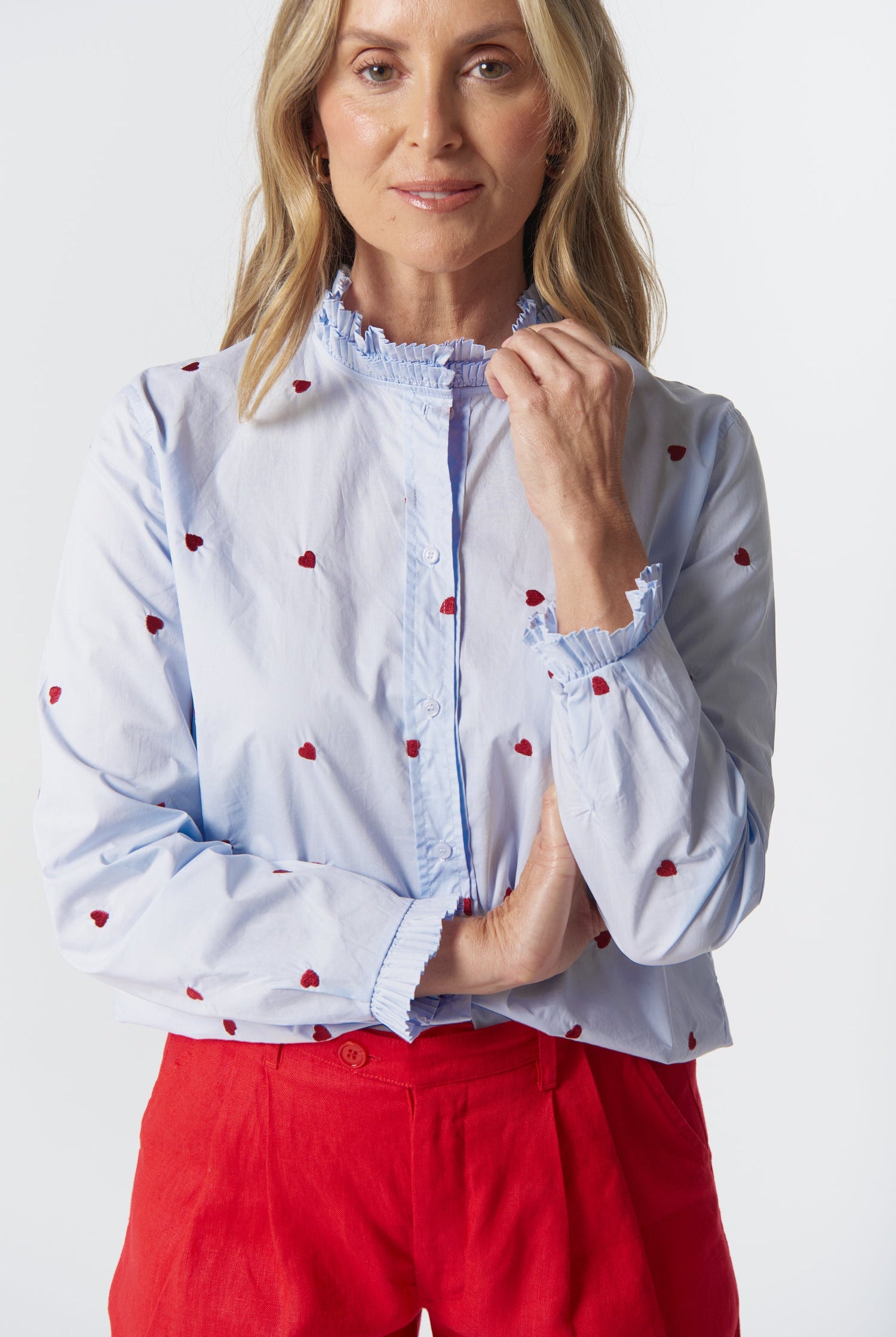 Out West Cotton Blouse - Blue/Red Hearts by Goondiwindi Cotton. Timeless women’s fashion using natural fibres and classic shapes