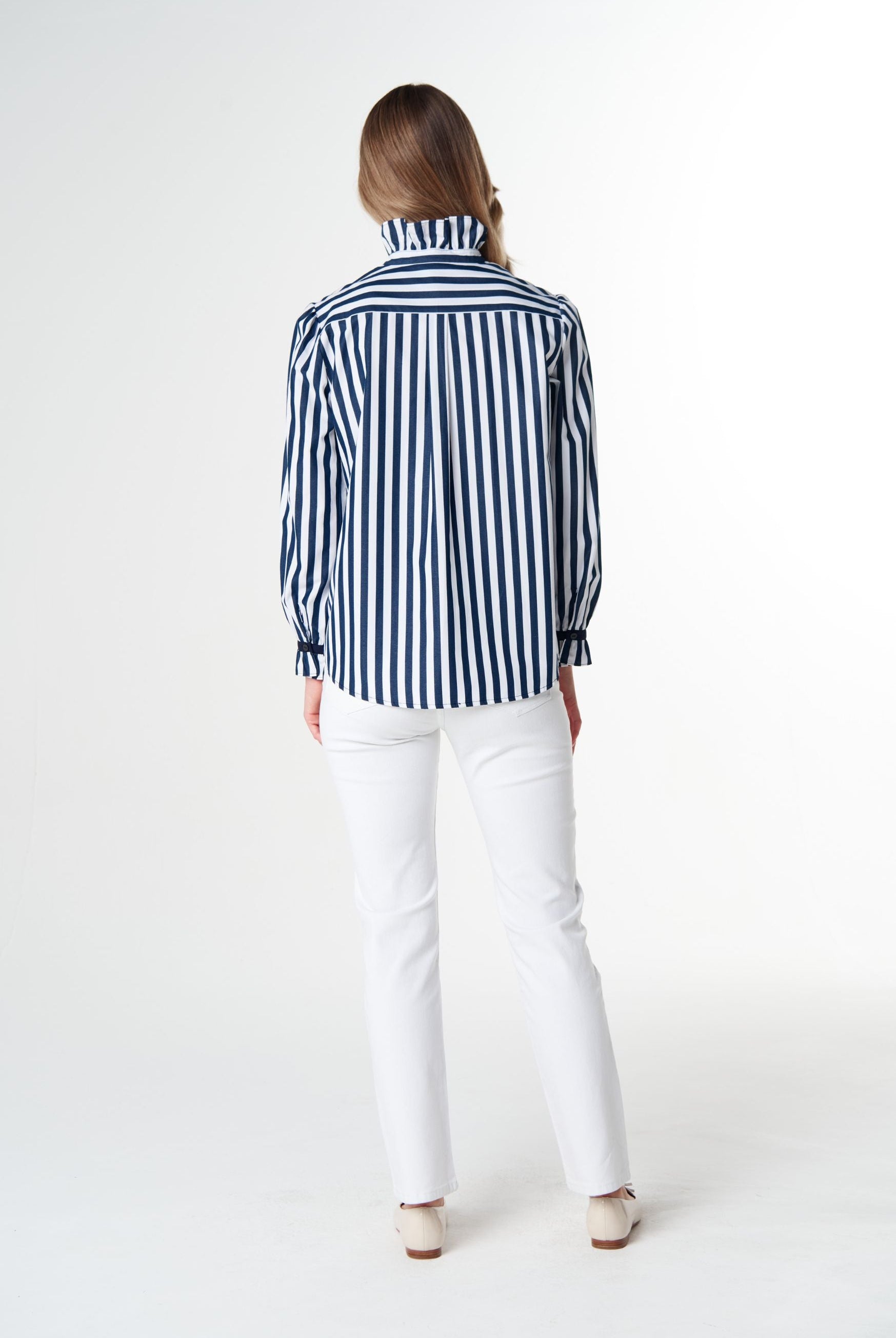 Sky Frill Neck Cotton Shirt - Dark Navy/White by Goondiwindi Cotton. Timeless women’s fashion using natural fibres and classic shapes