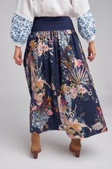 Rib Knit Waist Paradise Print Cotton Maxi Skirt