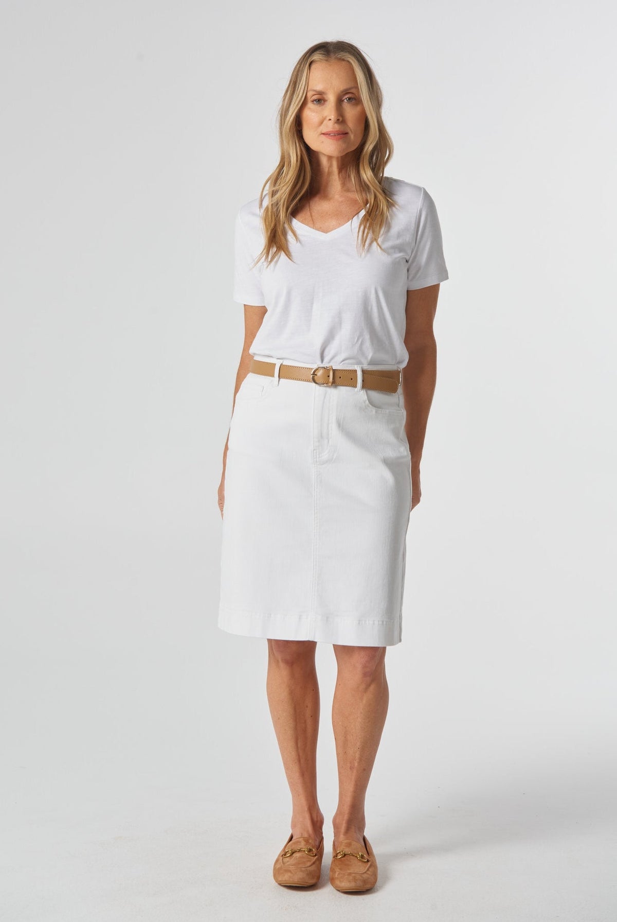 Goondiwindi Cotton Bottoms 5 Pocket Knee Length Skirt - White