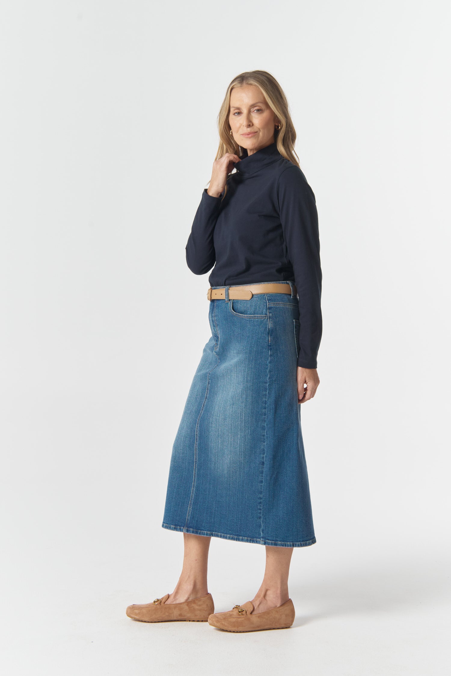 5 Pocket Straight Maxi Skirt - Light Blue by Goondiwindi Cotton. Timeless women’s fashion using natural fibres and classic shapes
