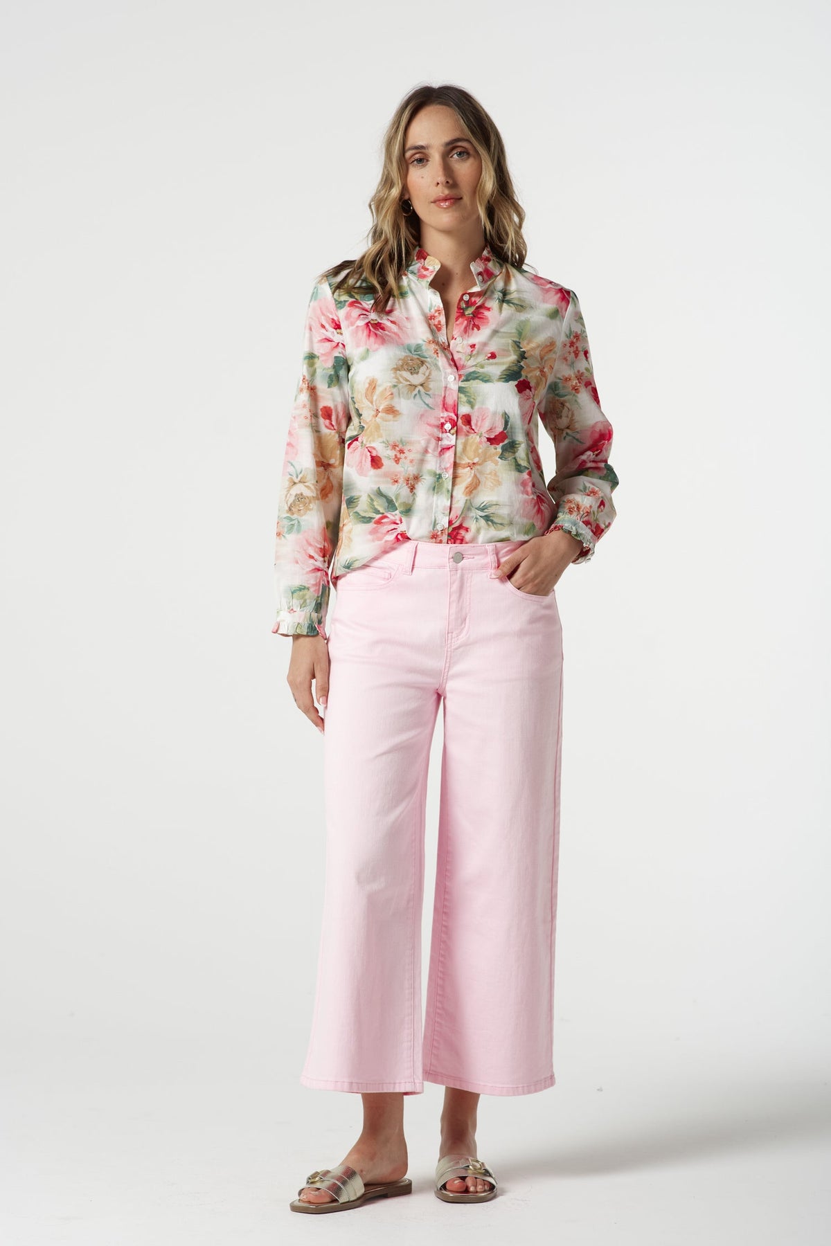 Goondiwindi Cotton Bottoms 5 Pocket Crop Wide Leg Jean - Pale Pink