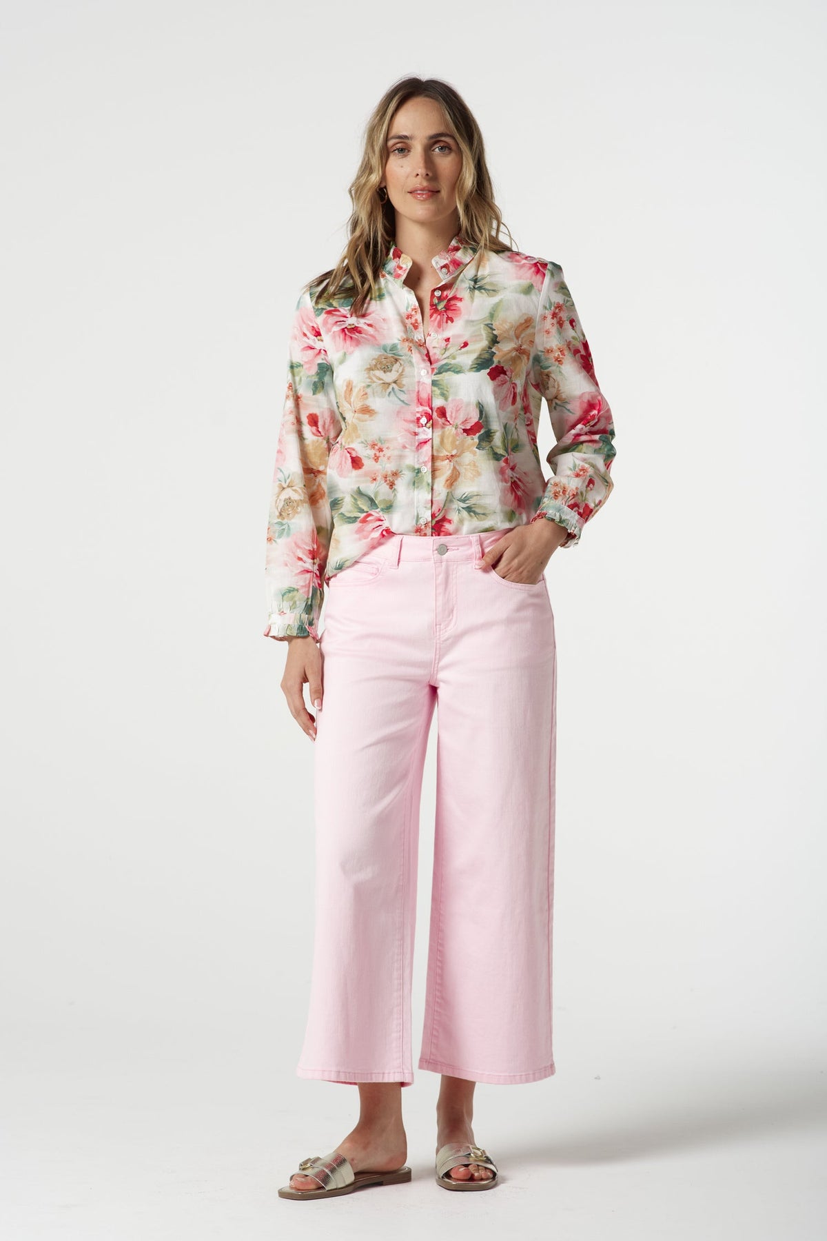 Goondiwindi Cotton Bottoms 5 Pocket Crop Wide Leg Jean - Pale Pink