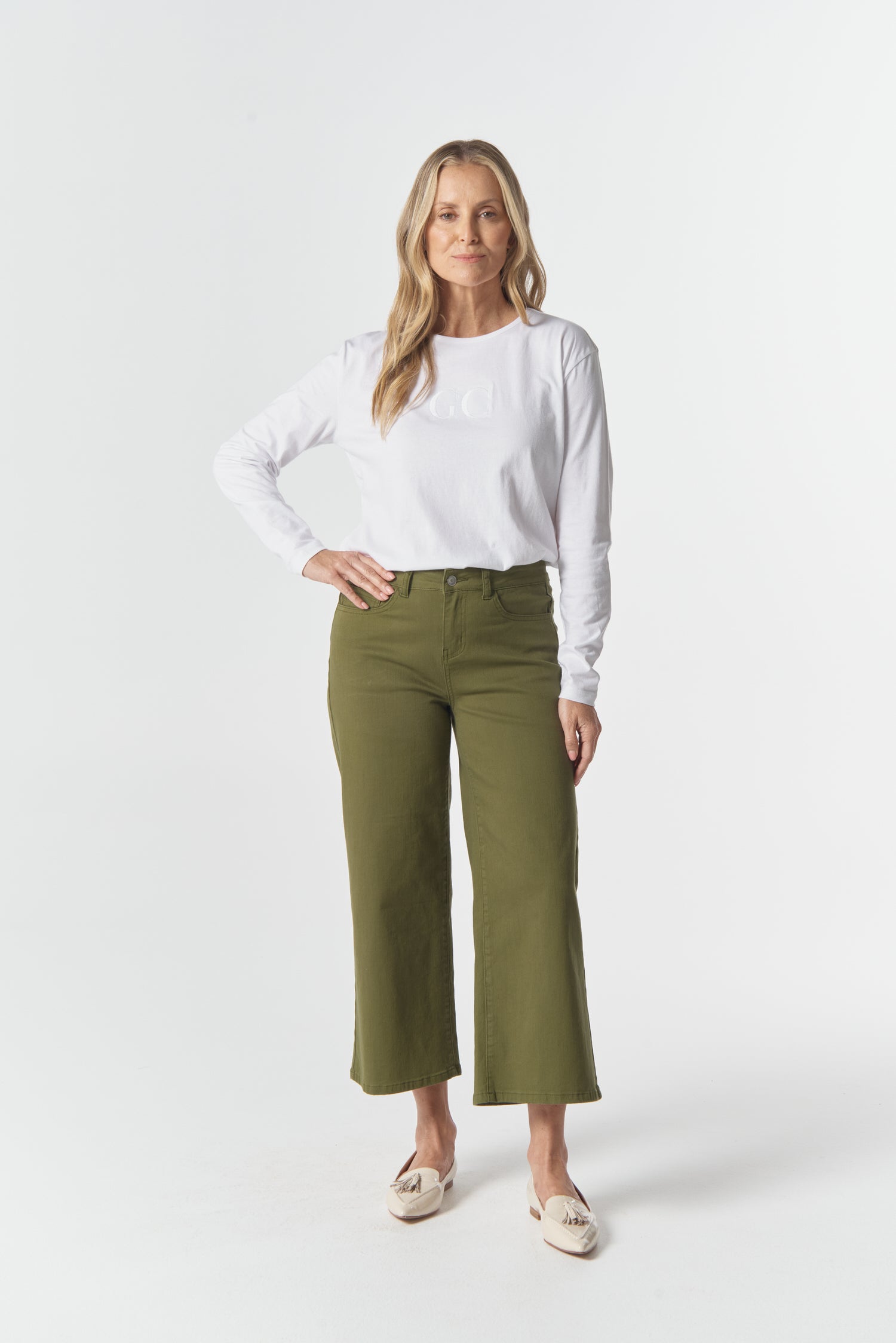 5 Pocket Crop Wide Leg Jean - Sage by Goondiwindi Cotton. Timeless women’s fashion using natural fibres and classic shapes
