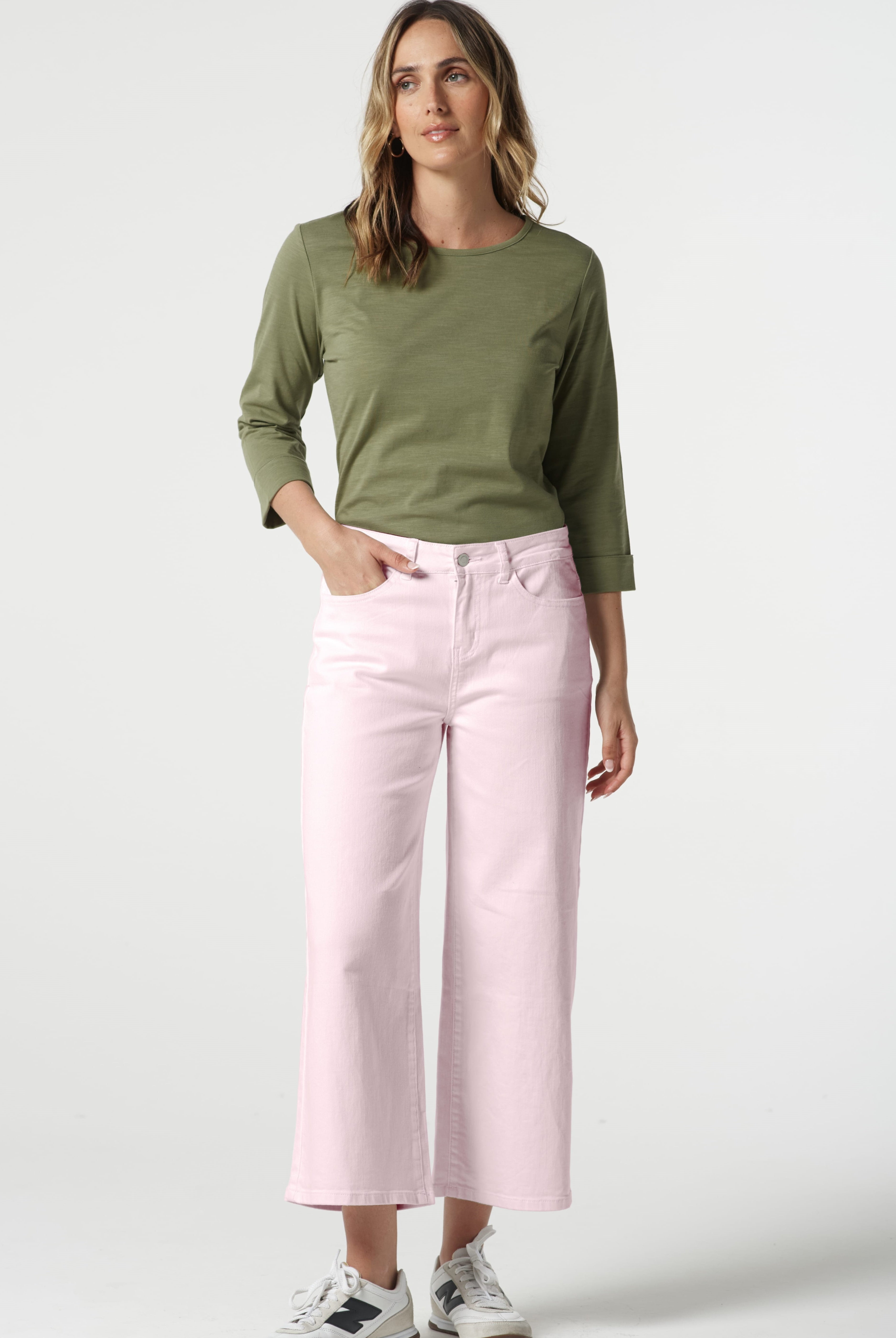 Goondiwindi Cotton Bottoms 5 Pocket Crop Wide Leg Jean - Pale Pink