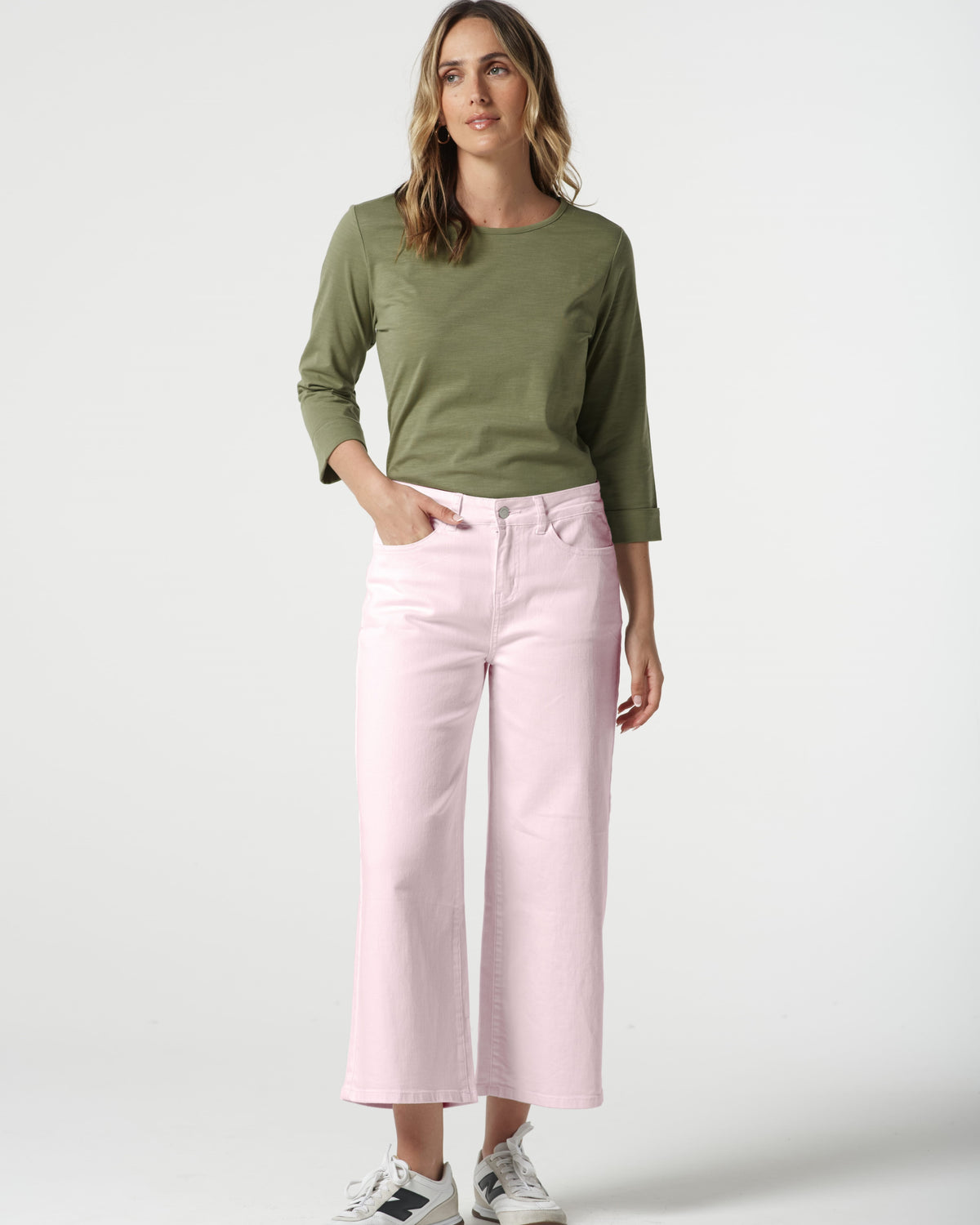 Goondiwindi Cotton Bottoms 5 Pocket Crop Wide Leg Jean - Pale Pink