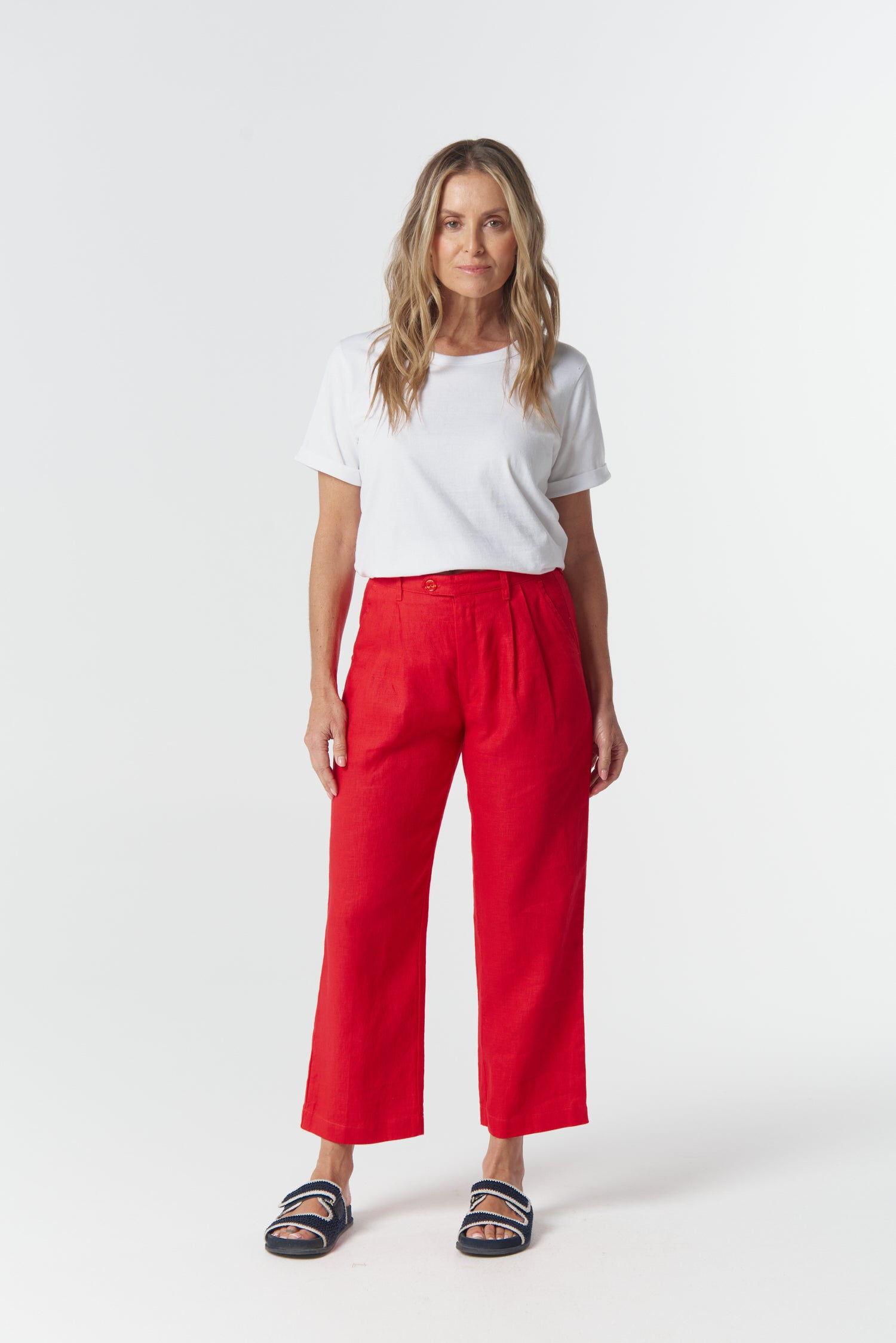 Staple Tailored Linen Pant - Poinsettia by Goondiwindi Cotton. Timeless women’s fashion using natural fibres and classic shapes