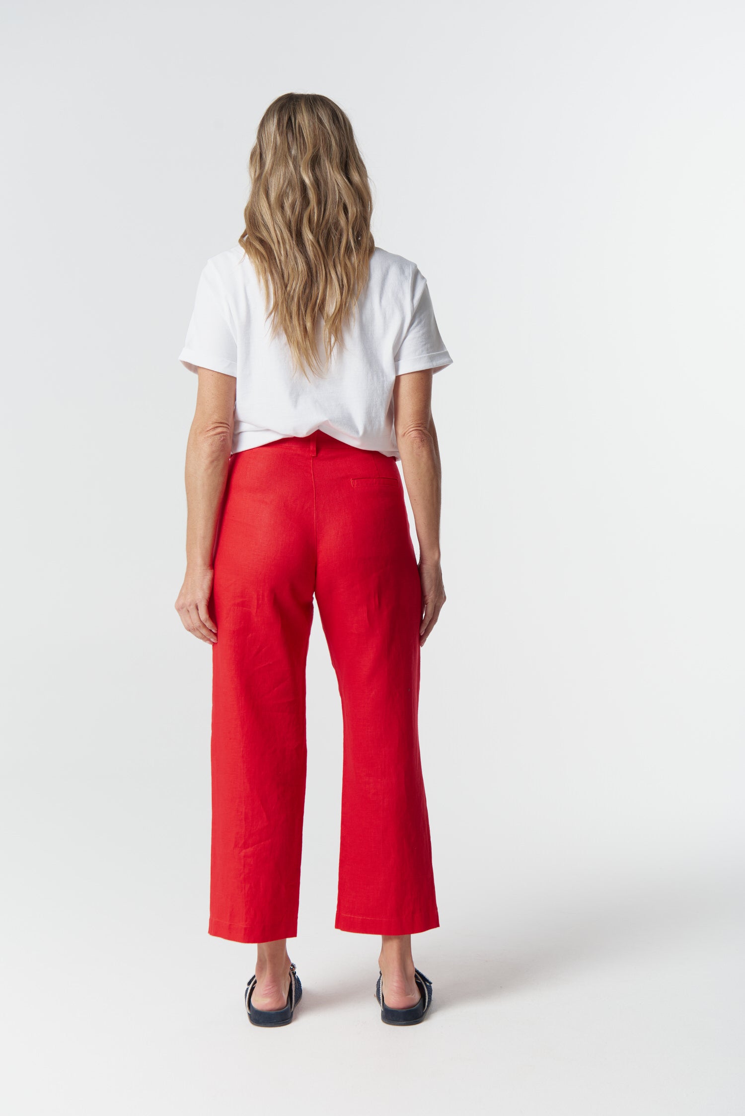 Staple Tailored Linen Pant - Poinsettia by Goondiwindi Cotton. Timeless women’s fashion using natural fibres and classic shapes