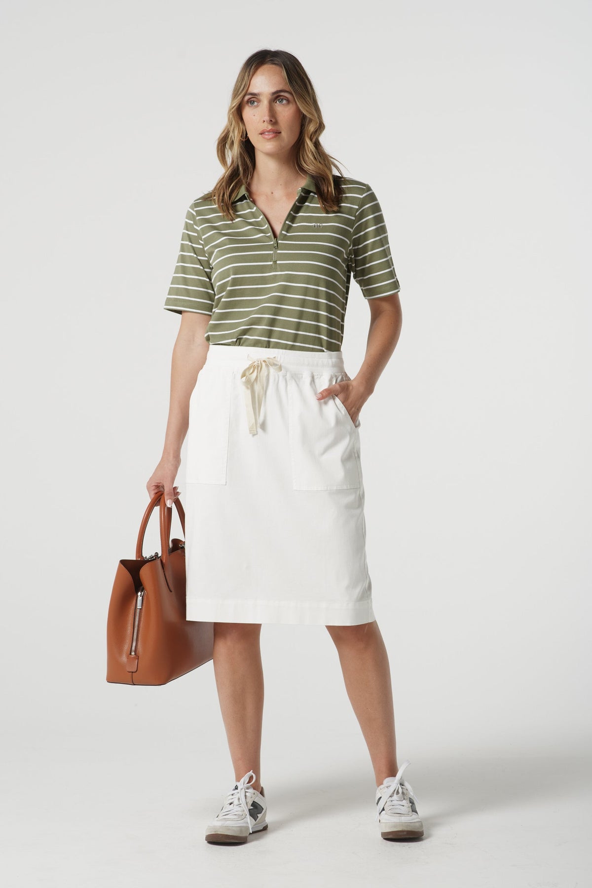 Goondiwindi Cotton Bottoms Weekend Cotton Stretch Knee Length Skirt - White