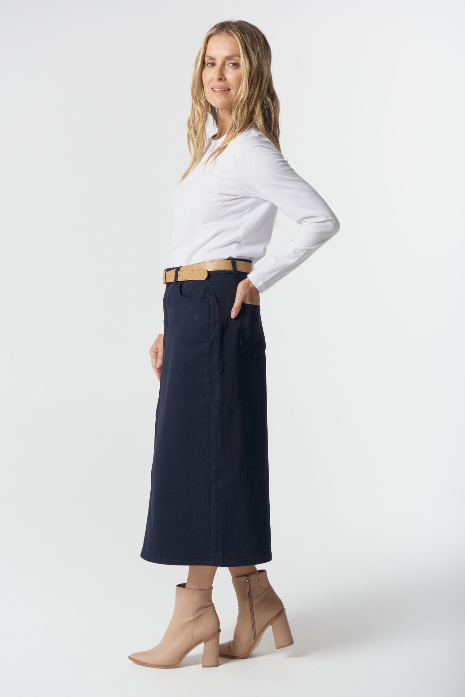 5 Pocket Maxi Skirt - Dark Navy by Goondiwindi Cotton. Timeless women’s fashion using natural fibres and classic shapes