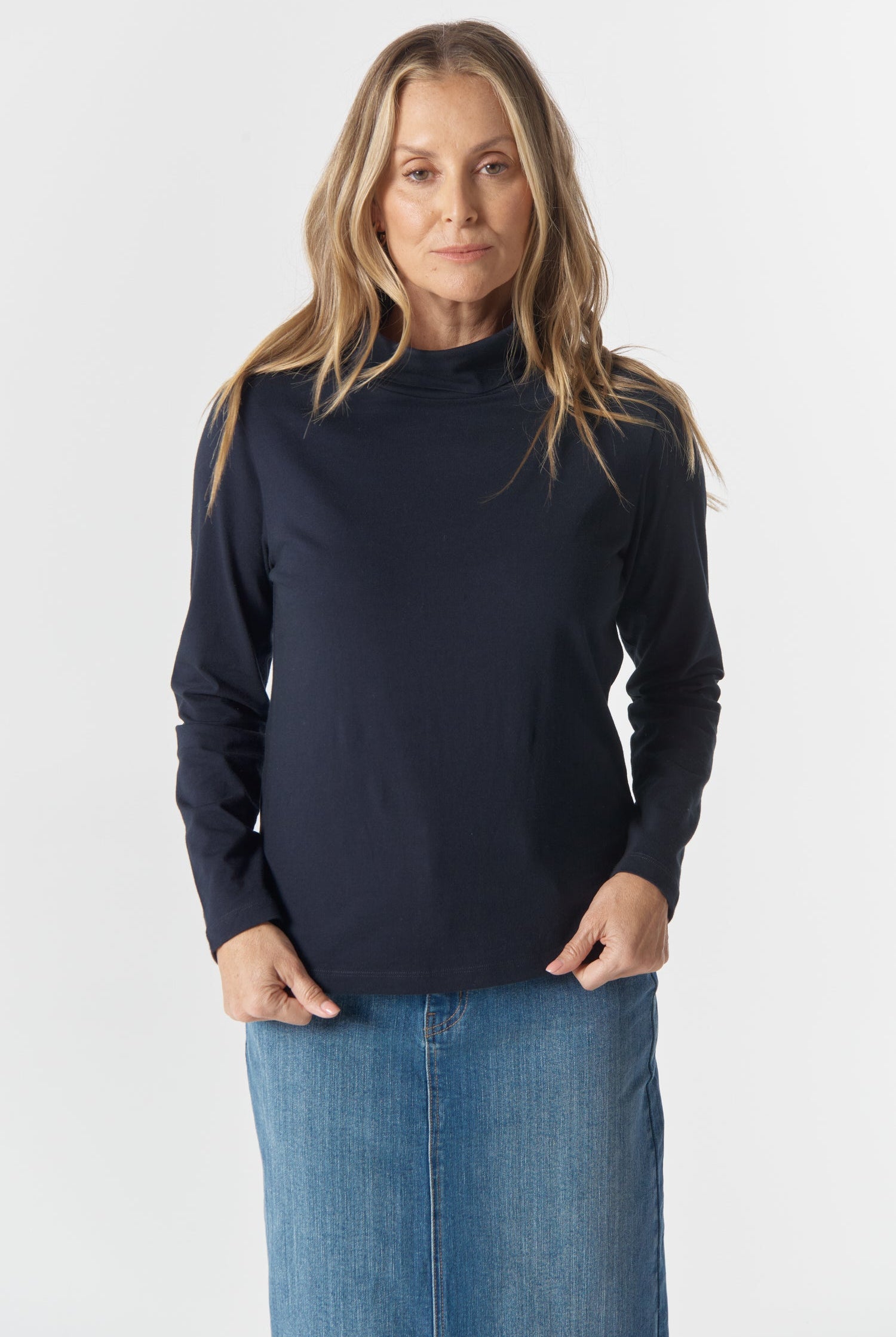 The Traditional Cotton Skivvy - Dark Navy by Goondiwindi Cotton. Timeless women’s fashion using natural fibres and classic shapes